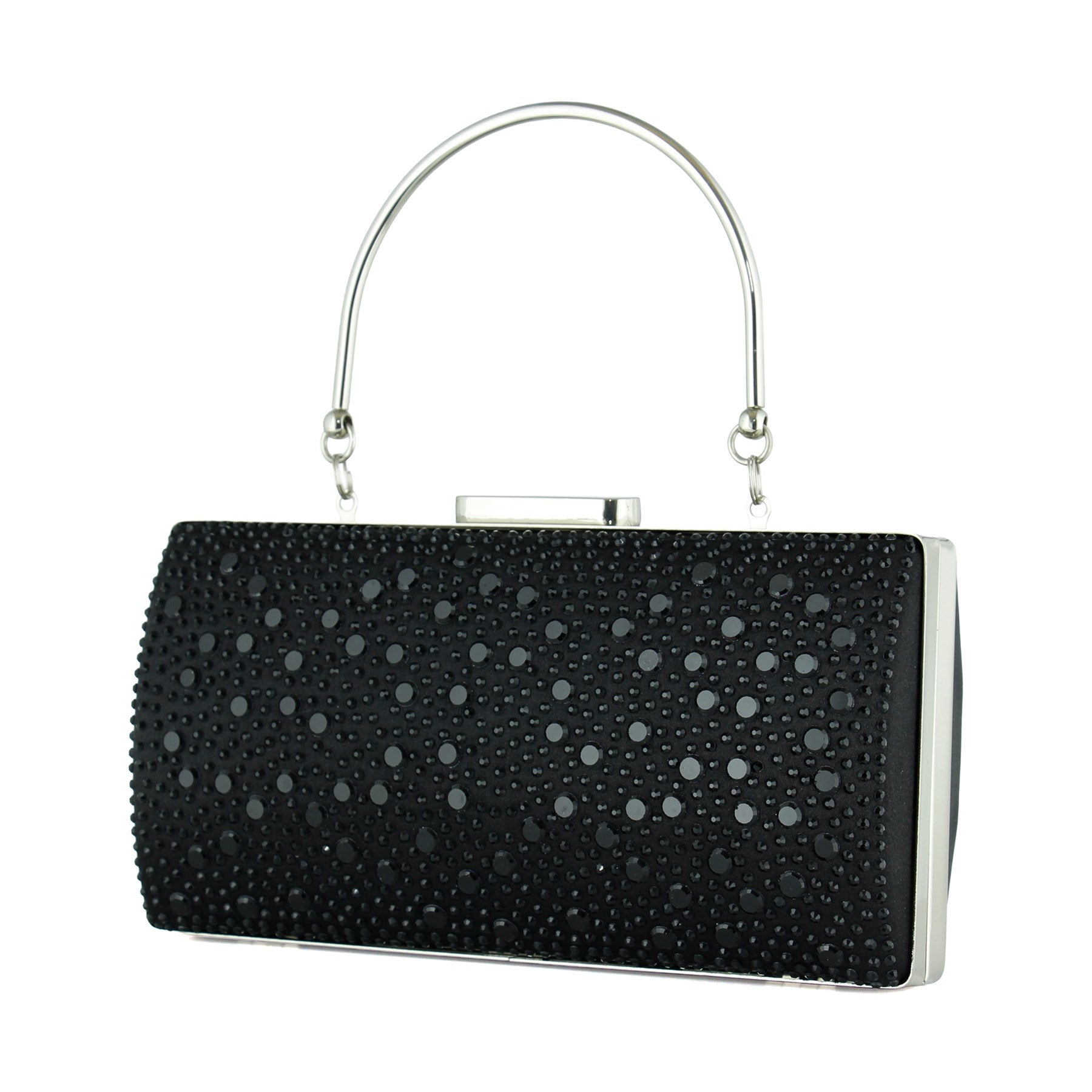 (ES0022AC) Siyah Saten Damla Kristal Taşlı Metal Saplı Zincirli Abiye El Çantası