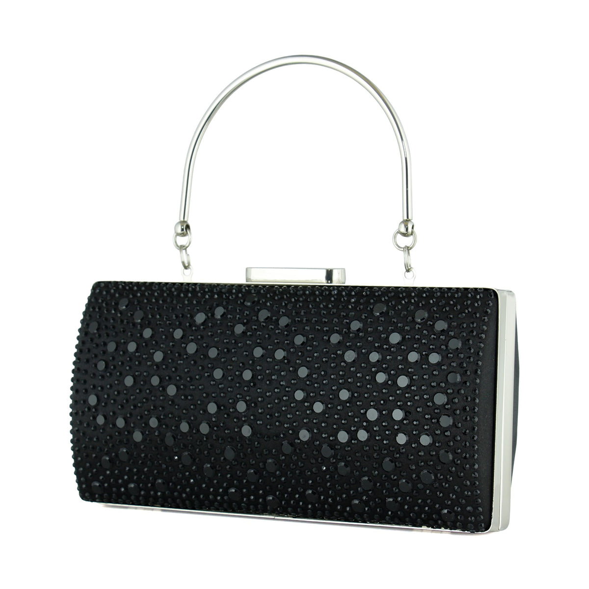 (ES0022AC) Siyah Saten Damla Kristal Taşlı Metal Saplı Zincirli Abiye El Çantası