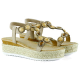 [7022] Bej Kristal Taşlı Elastik Bantlı Zikzak Örgü Jüt Platform Topuklu Sandalet
