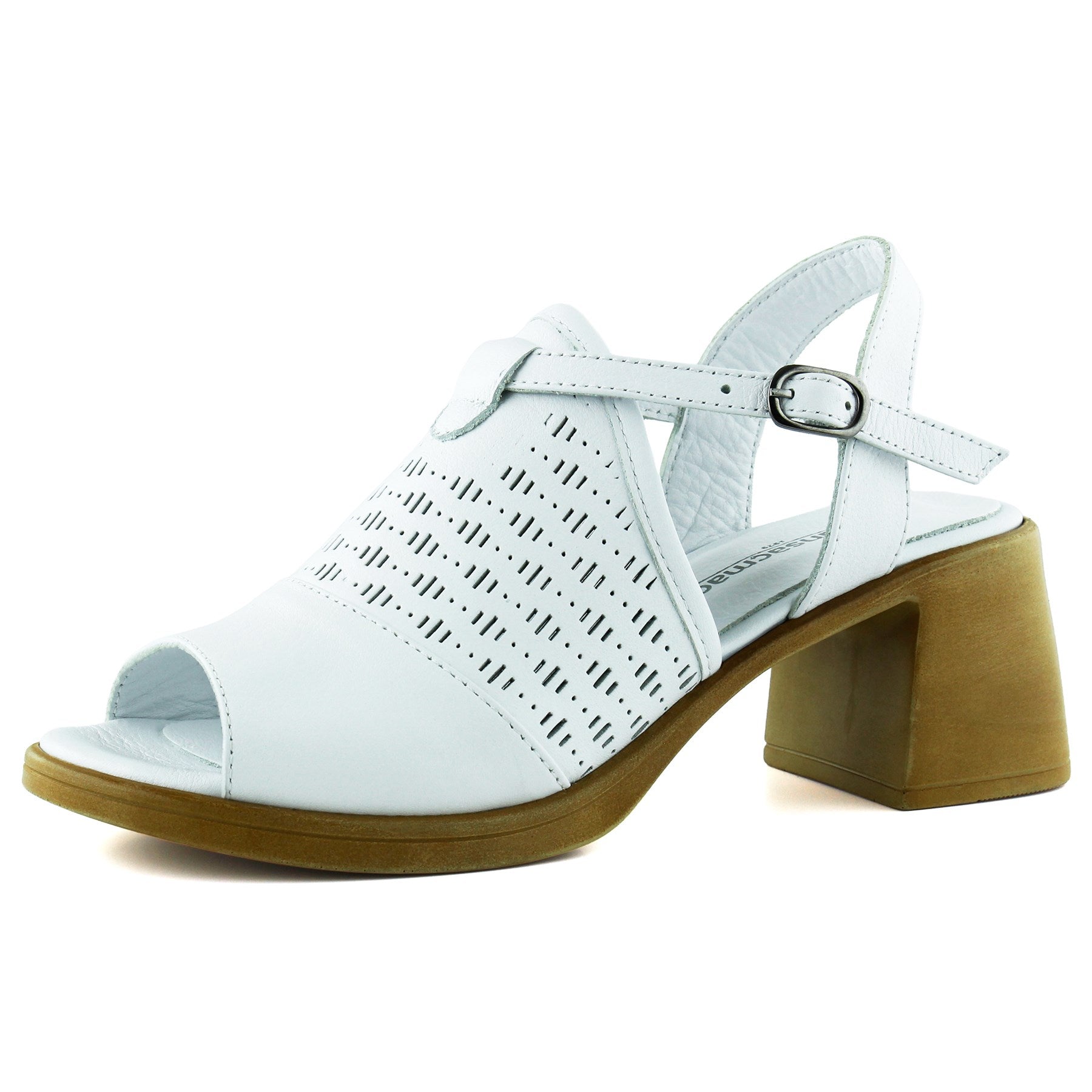 Amanda Beyaz Hakiki Dana Derisi Kesik Detaylı Ayarlanabilir Tokalı Kalın Topuklu Günlük Sandalet