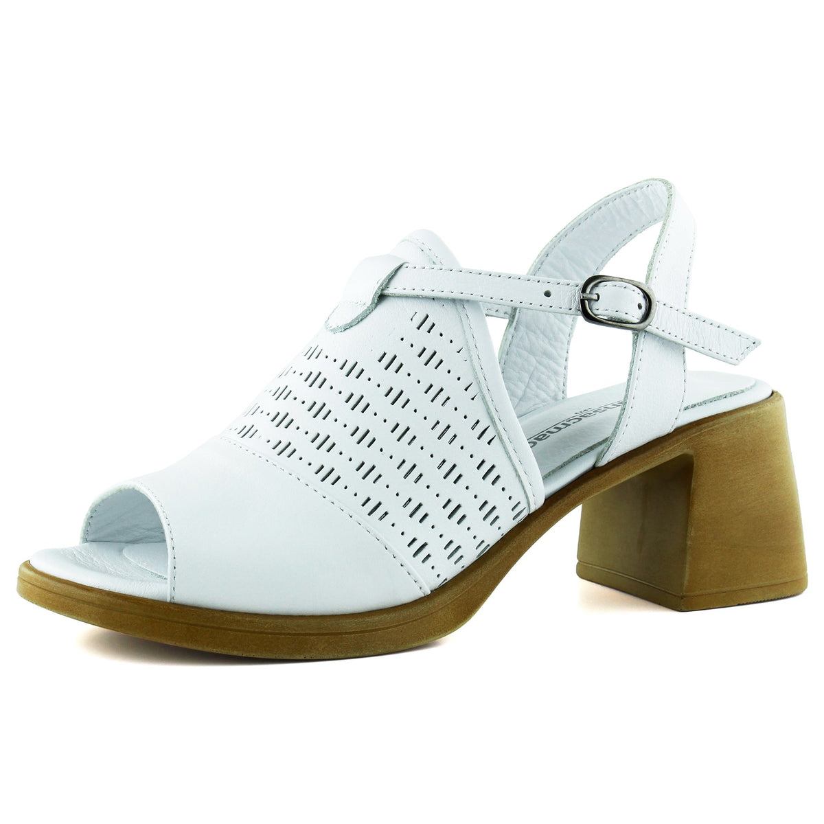 Amanda Beyaz Hakiki Dana Derisi Kesik Detaylı Ayarlanabilir Tokalı Kalın Topuklu Günlük Sandalet