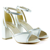 Charlotte Beyaz Gümüş Çapraz Bantlı Kalın Topuklu Zarif Abiye Gelin Ayakkabısı