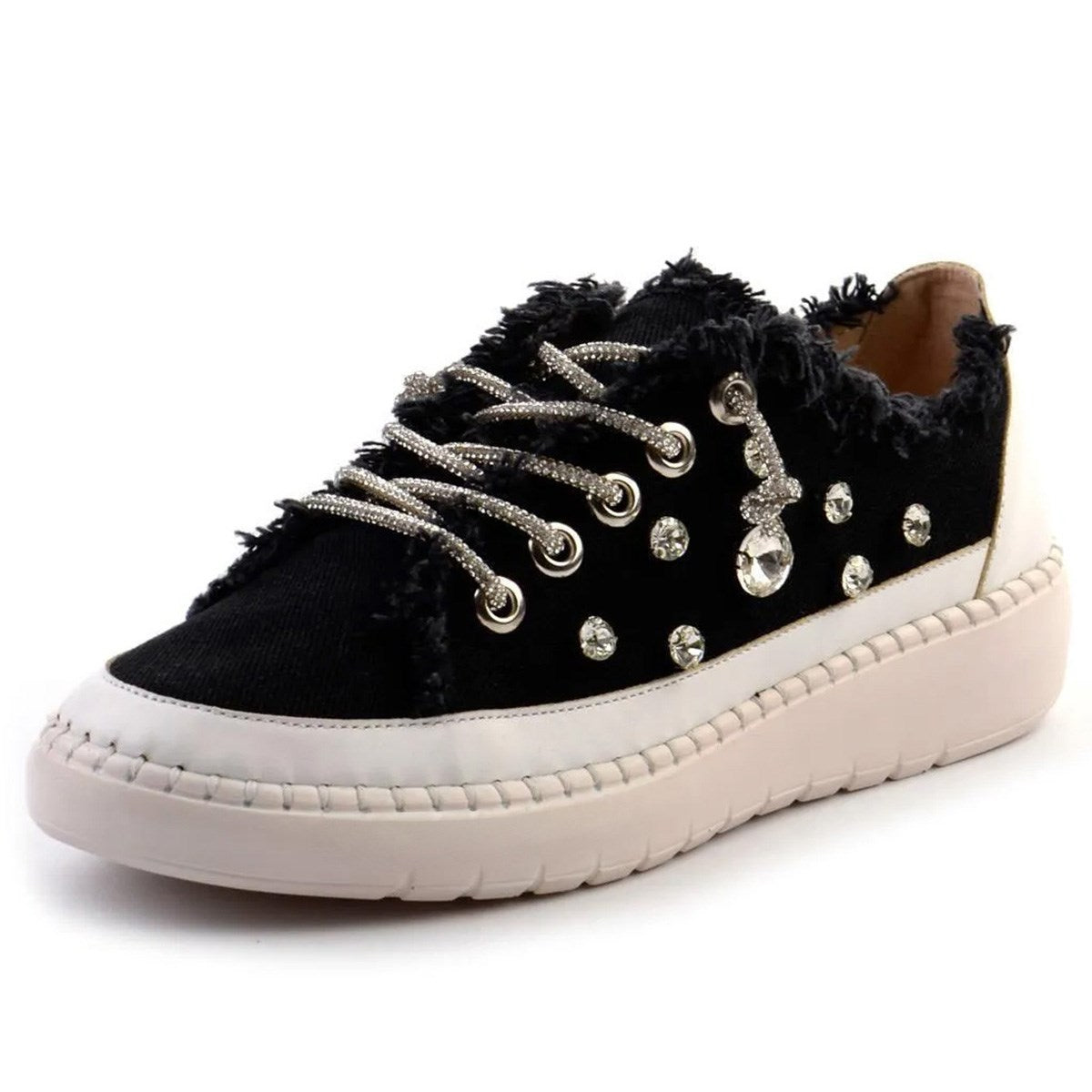 Valentina Siyah Denim Kristal Taşlı Gümüş Bağcıklı Sneaker