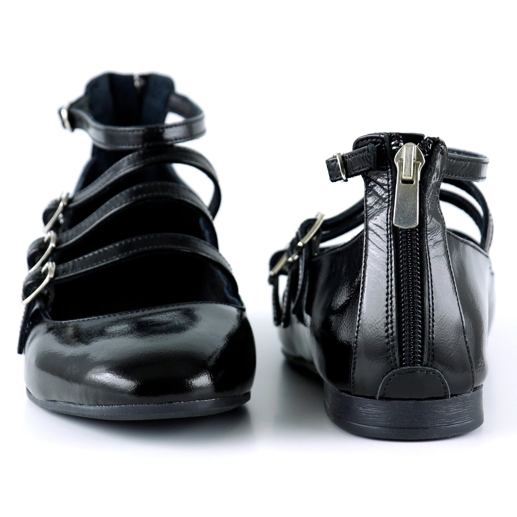 Elenuta Siyah Hakiki Deri Rugan Dört Bant Tokalı Fermuarlı Balerin Babet