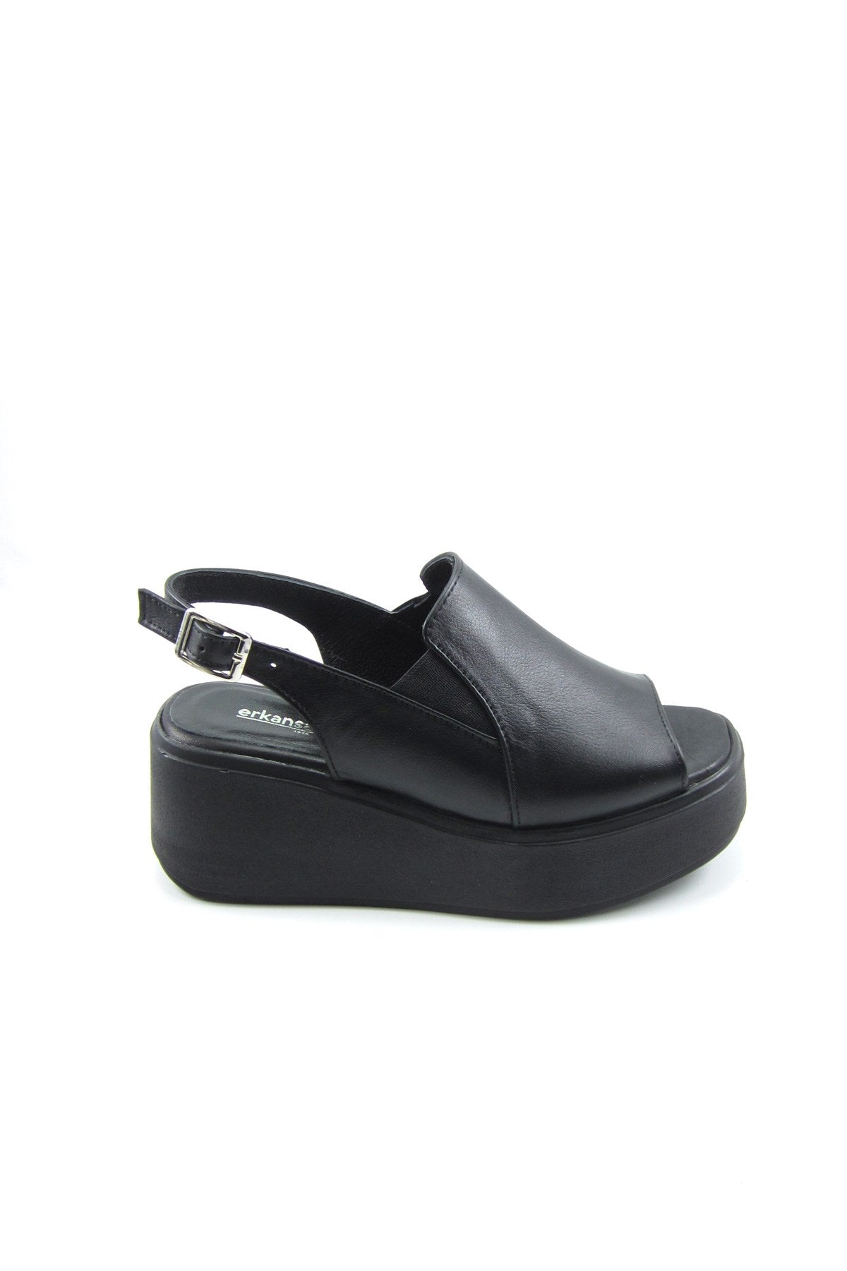 Aliyah Siyah Hakiki Deri Dolgu Topuklu Sandalet