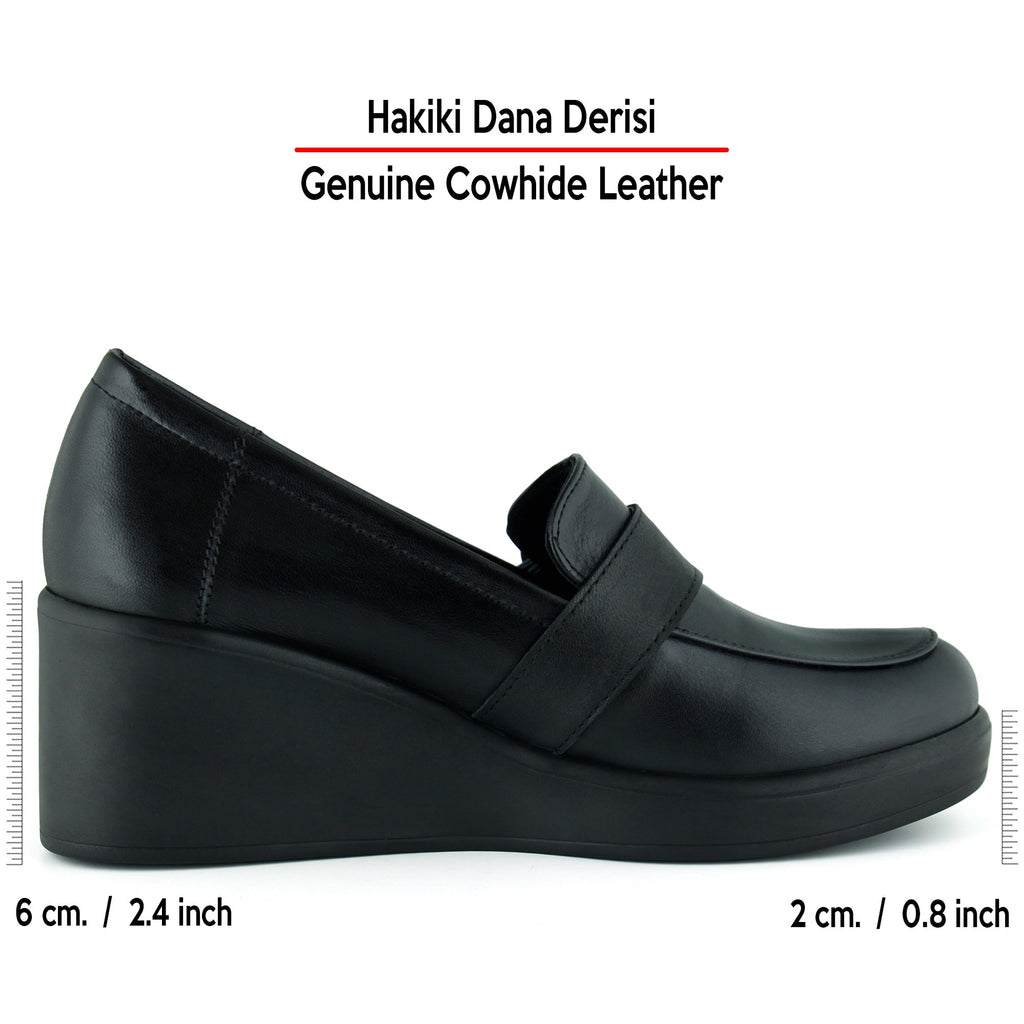 Madeline Siyah Hakiki Dana Derisi Tokalı Yuvarlak Burun Dolgu Topuklu Günlük Ayakkabı