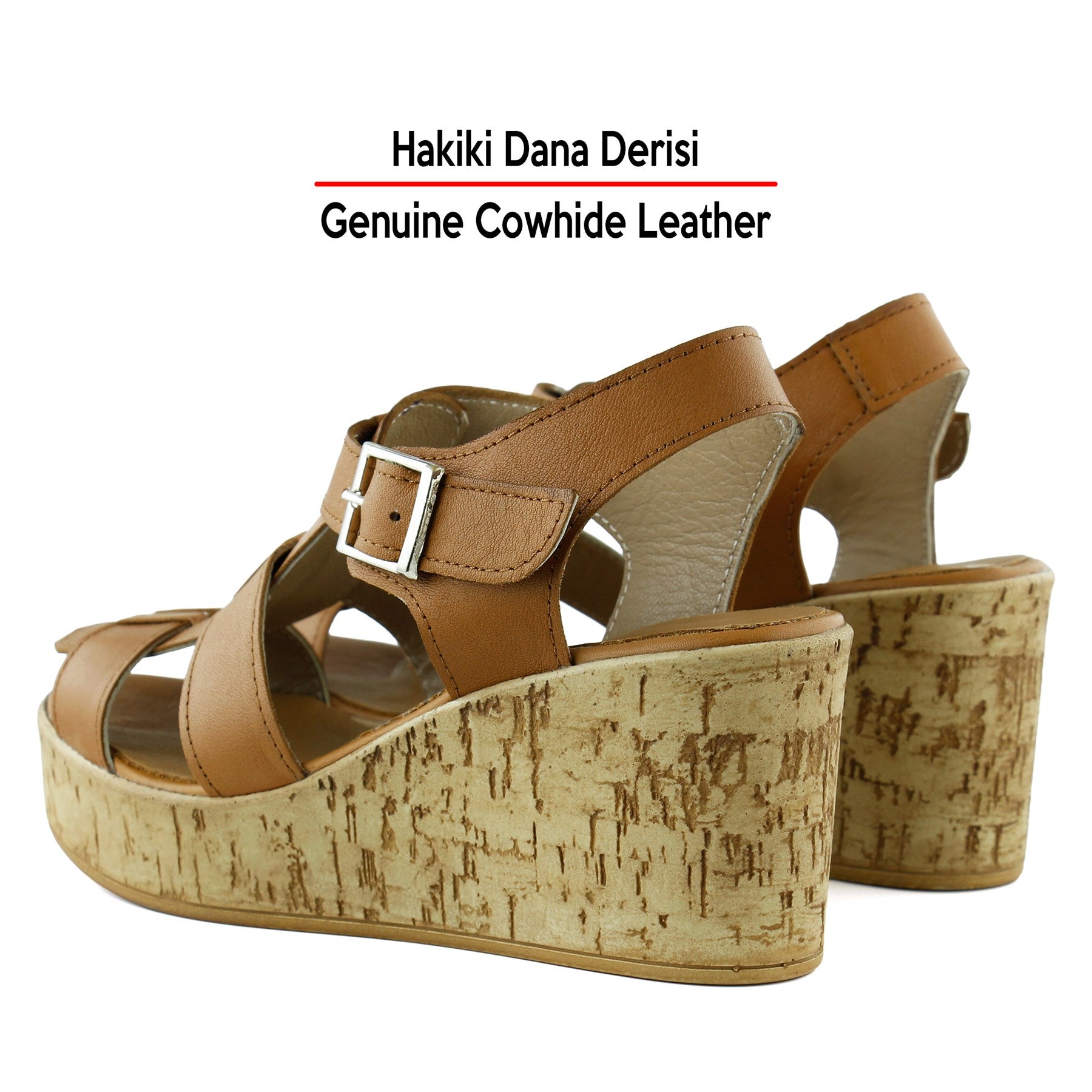 Xena Taba Hakiki Dana Derisi Mantar Taban Görünümlü Dolgu Topuklu Gladyatör Sandalet