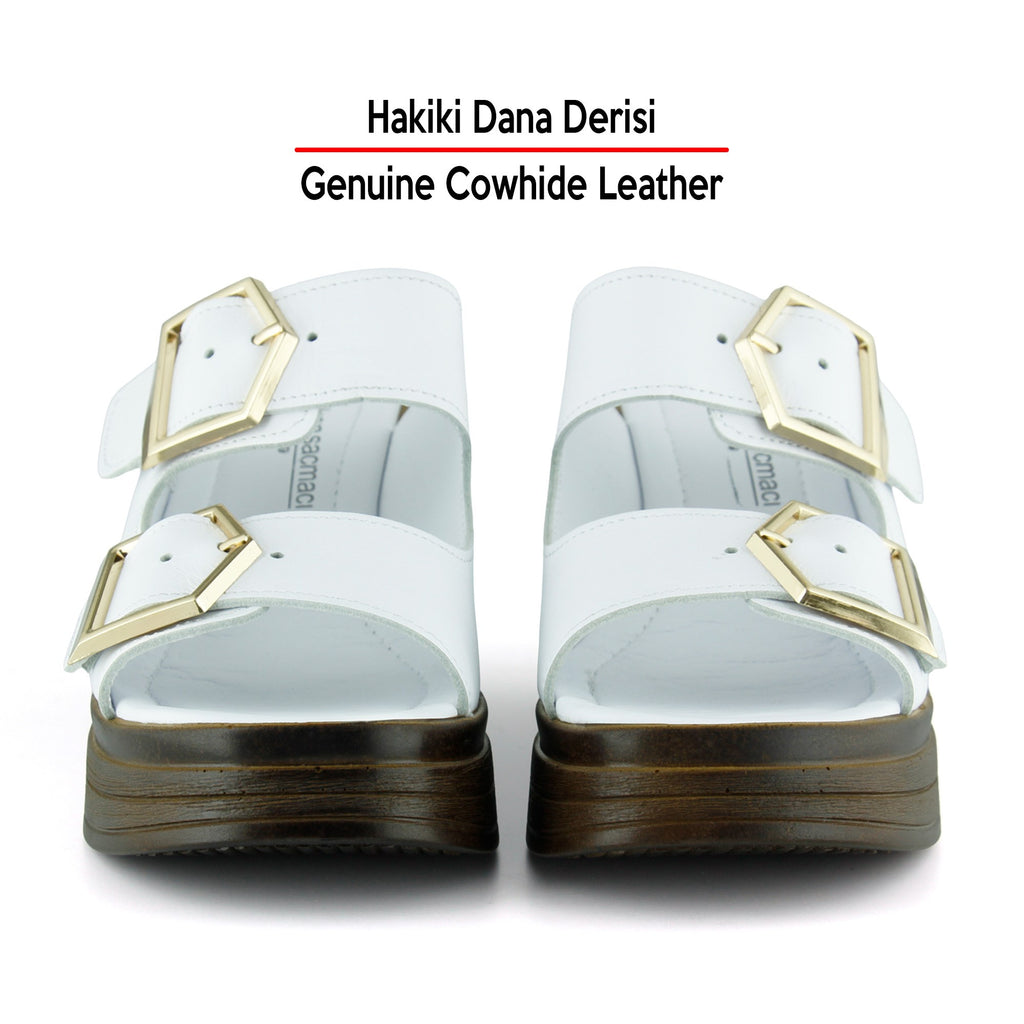 Denise Beyaz Hakiki Dana Derisi Çift Tokalı Platform Dolgu Topuklu Kadın Terlik