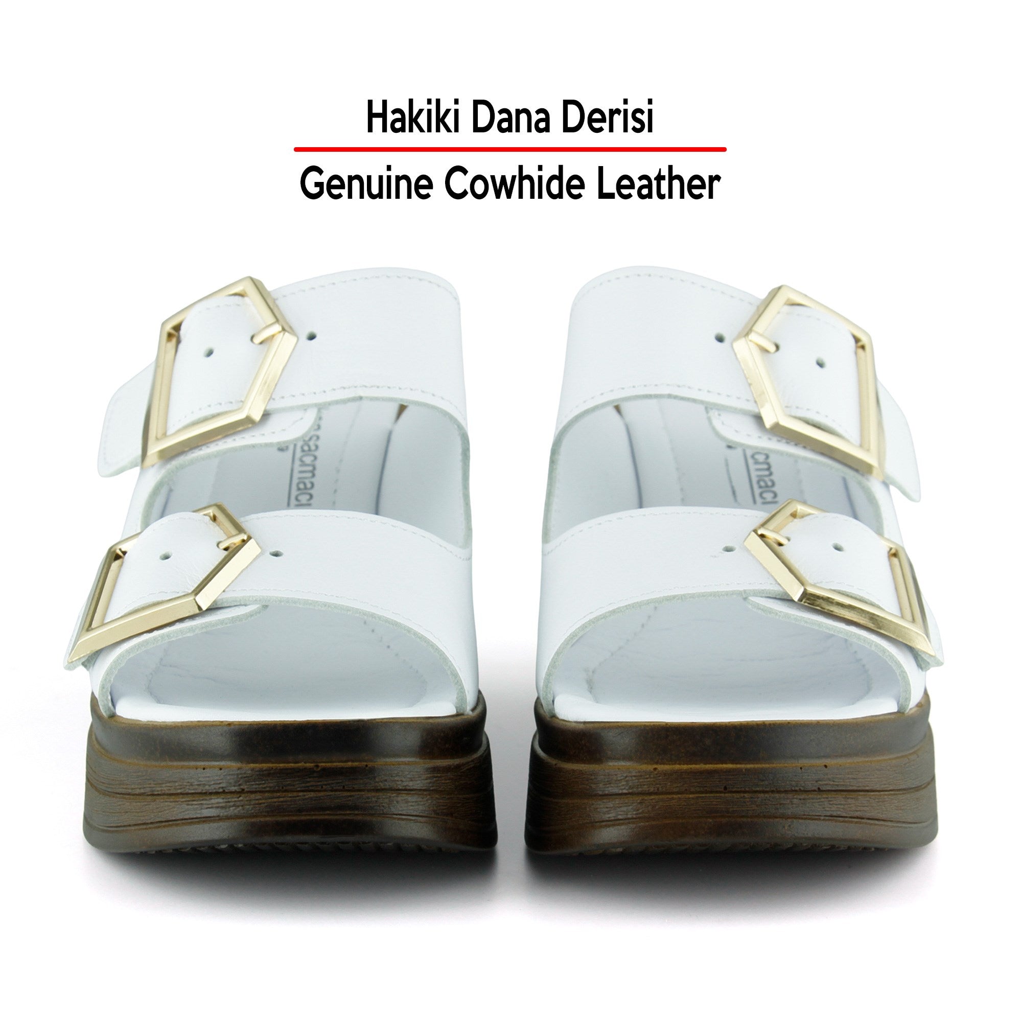 Denise Beyaz Hakiki Dana Derisi Çift Tokalı Platform Dolgu Topuklu Kadın Terlik