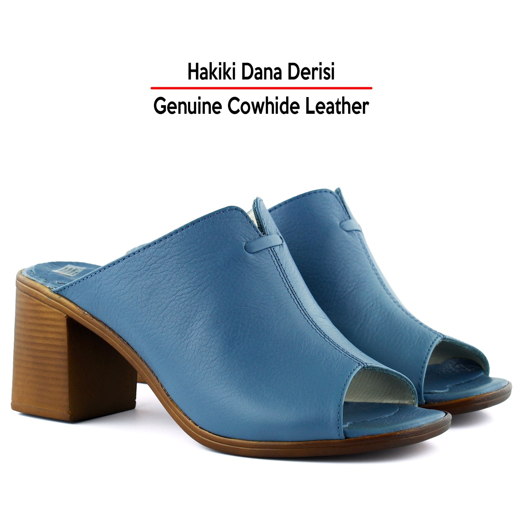 Valery Mavi Hakiki Dana Derisi Önü Açık Kalın Topuklu Terlik