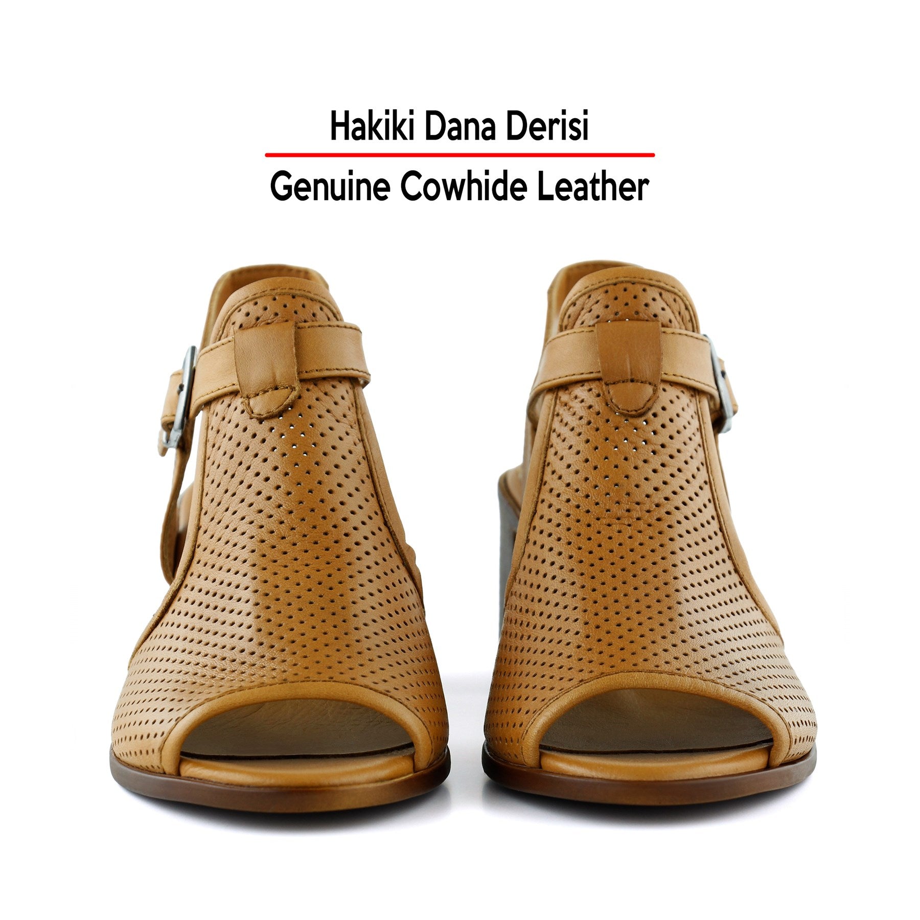 Elena Taba Hakiki Dana Derisi Önü Arkası Açık Delik Detaylı Kalın Topuklu Rahat Günlük Sandalet