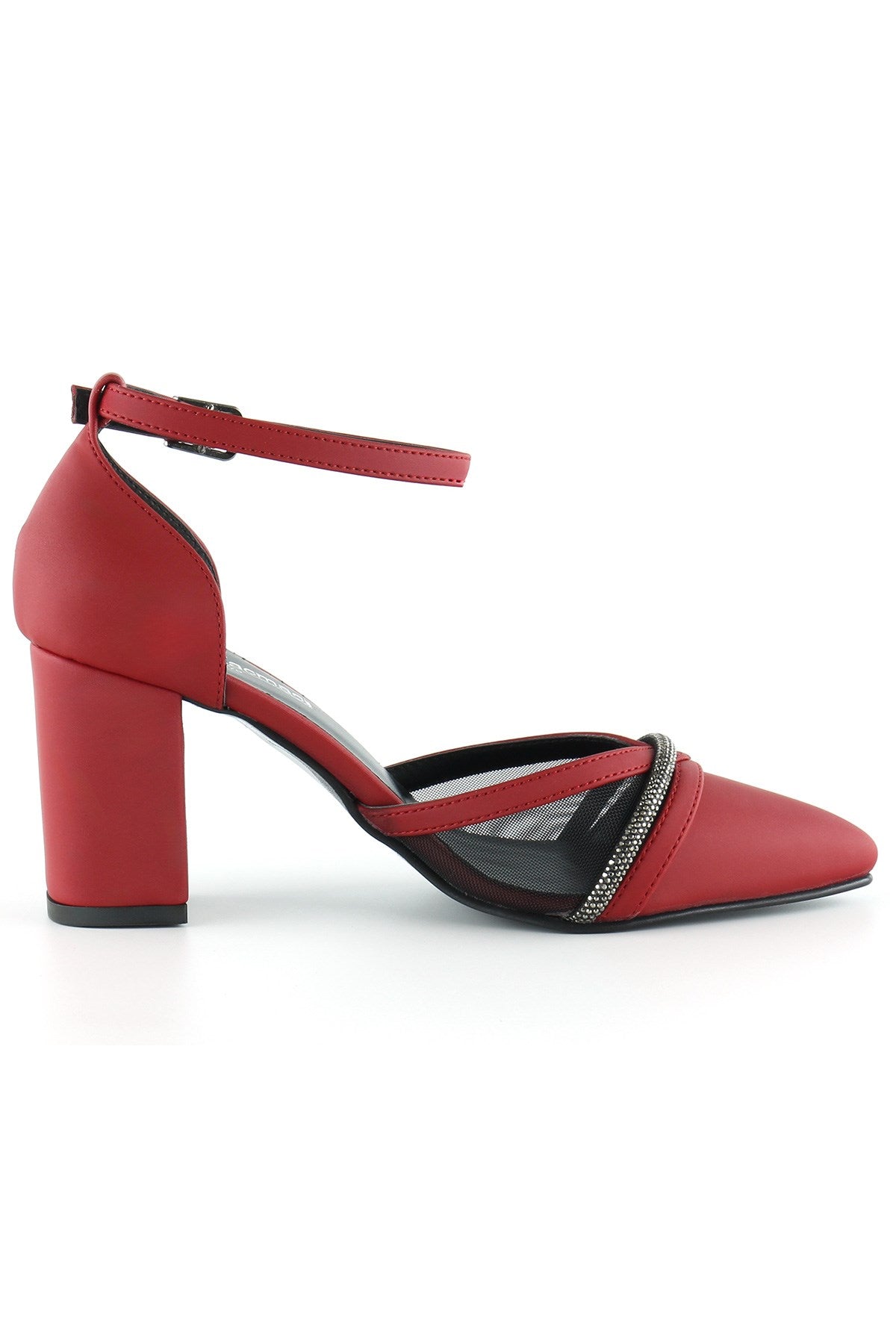 Molly Kırmızı Saten Taşlı Fileli Kalın Topuklu Ayakkabı