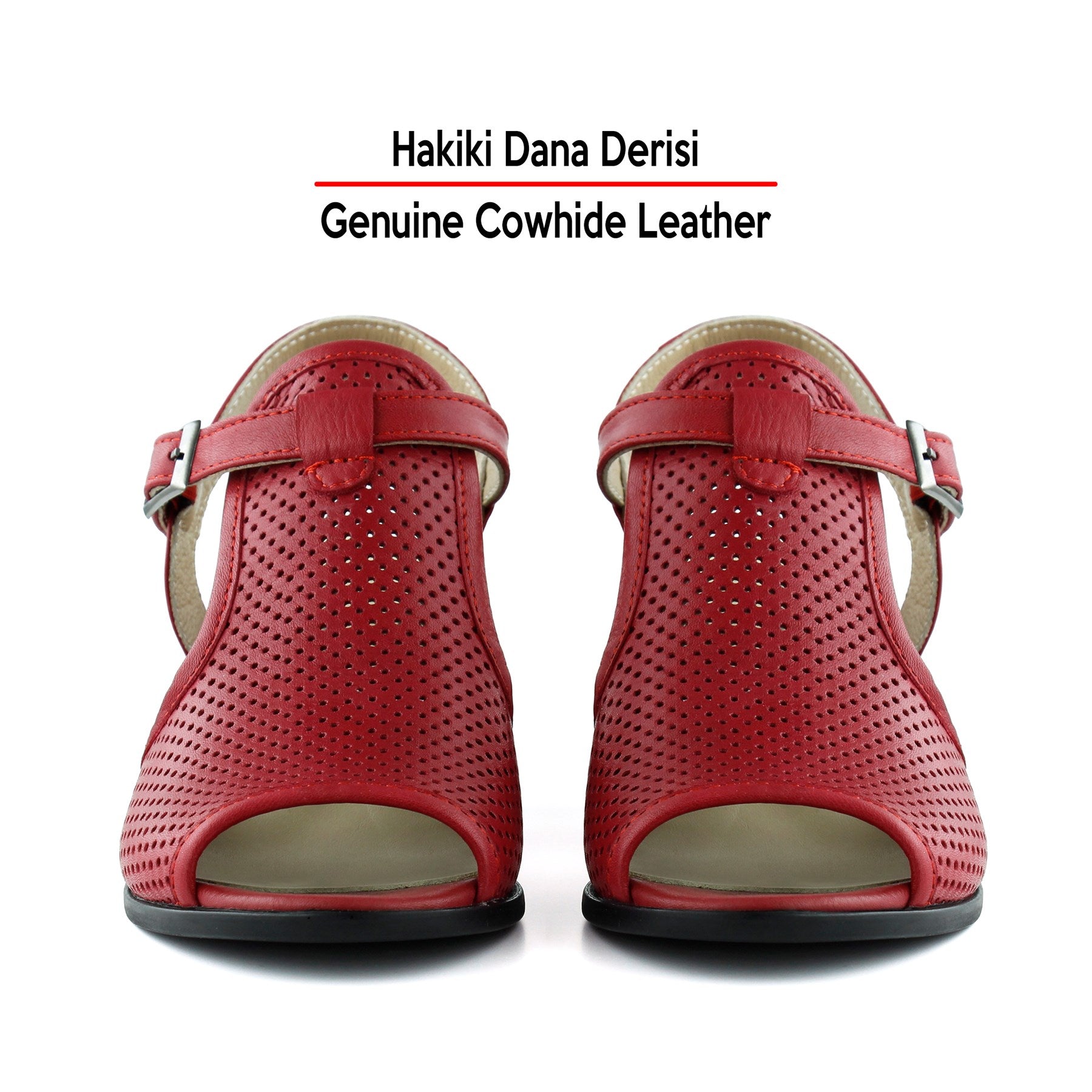 Elena Kırmızı Hakiki Dana Derisi Önü Arkası Açık Delik Detaylı Kalın Topuklu Rahat Günlük Sandalet