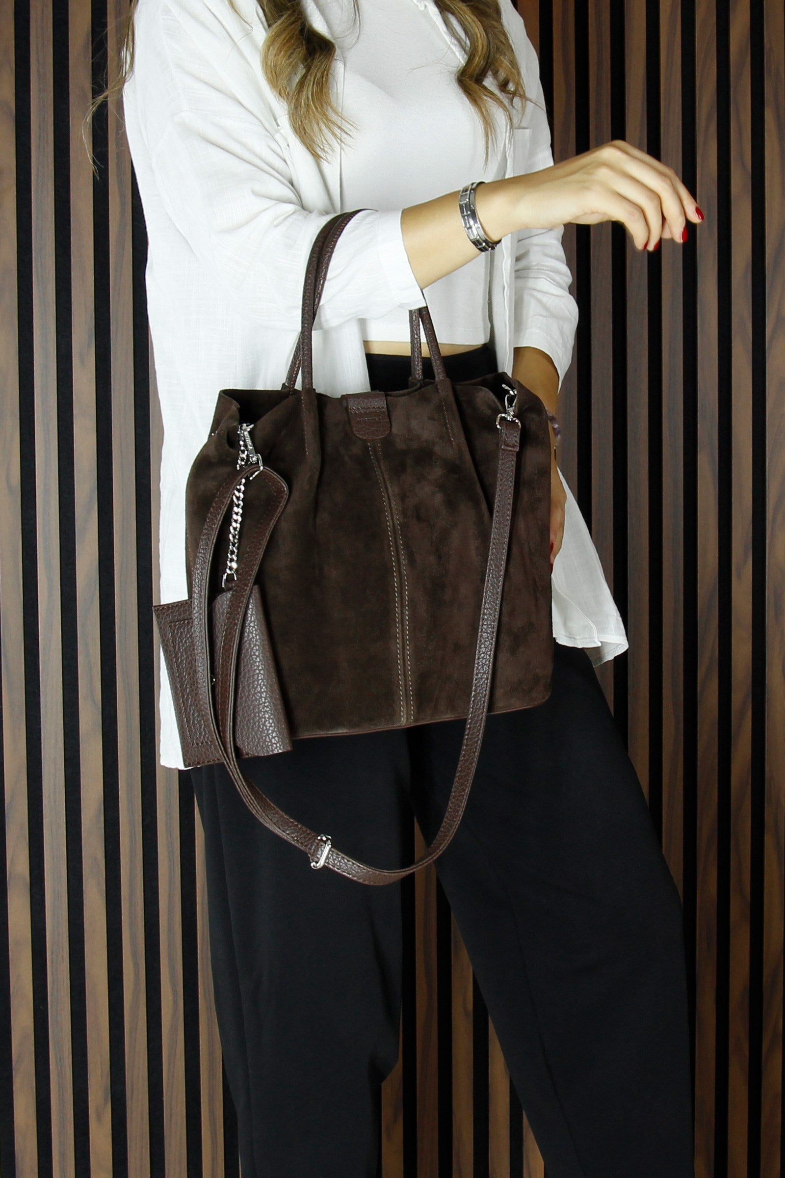 (VSN5010OC) Kahve Hakiki Dana Süet Manyetik Kapaklı İç Cepli Askılı Günlük Büyük Boy Omuz Çantası ve Cüzdanı