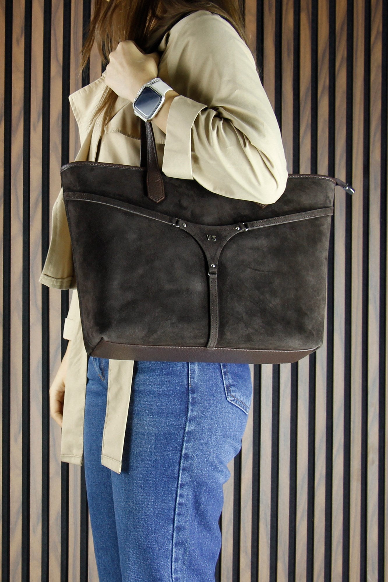 (VSN5018OC) Kahve Hakiki Dana Süet Fermuarlı Üç Bölmeli İç Cepli Büyük Boy Günlük Omuz Çantası