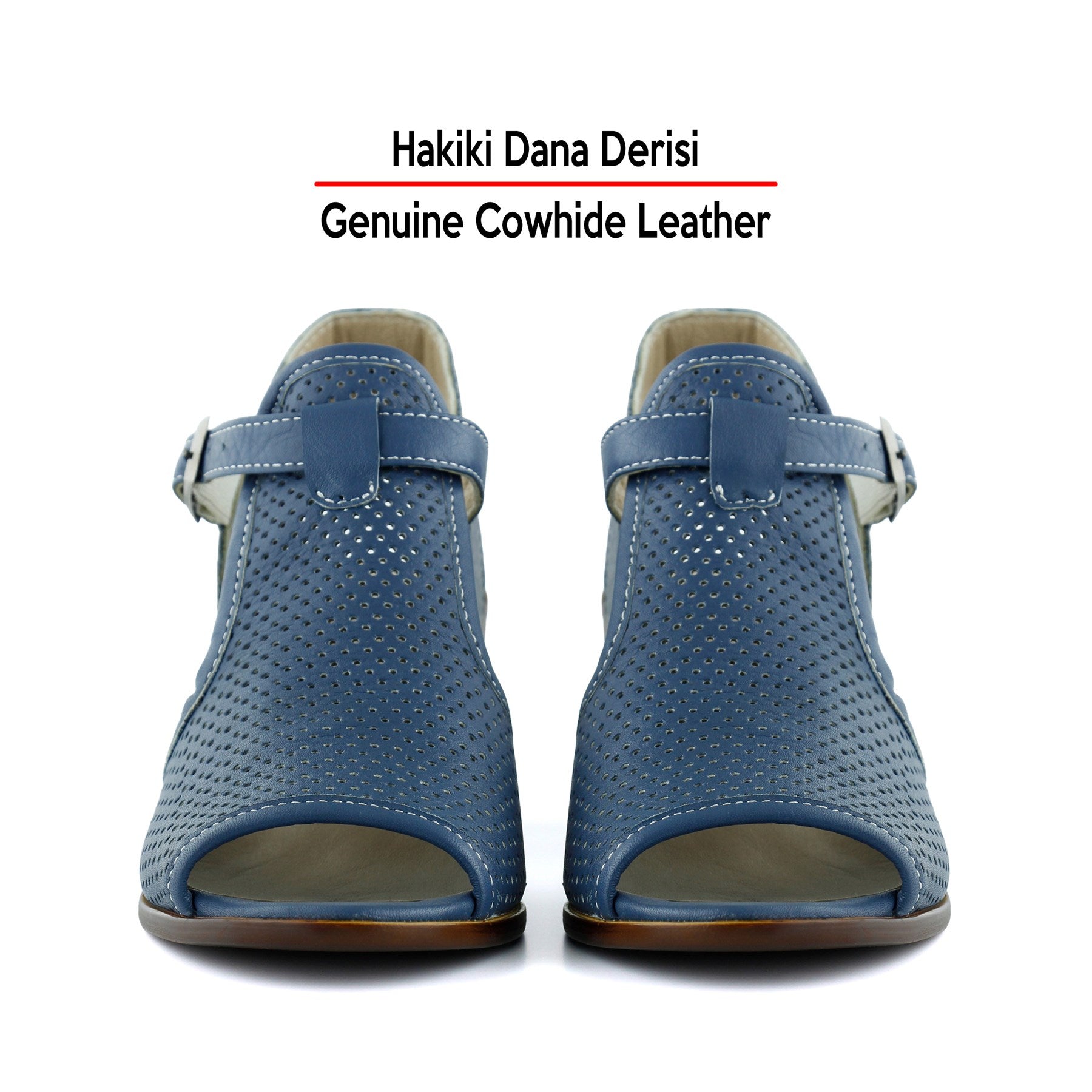 Elena Mavi Hakiki Dana Derisi Önü Arkası Açık Delik Detaylı Kalın Topuklu Rahat Günlük Sandalet