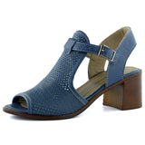 Elena Mavi Hakiki Dana Derisi Önü Arkası Açık Delik Detaylı Kalın Topuklu Rahat Günlük Sandalet