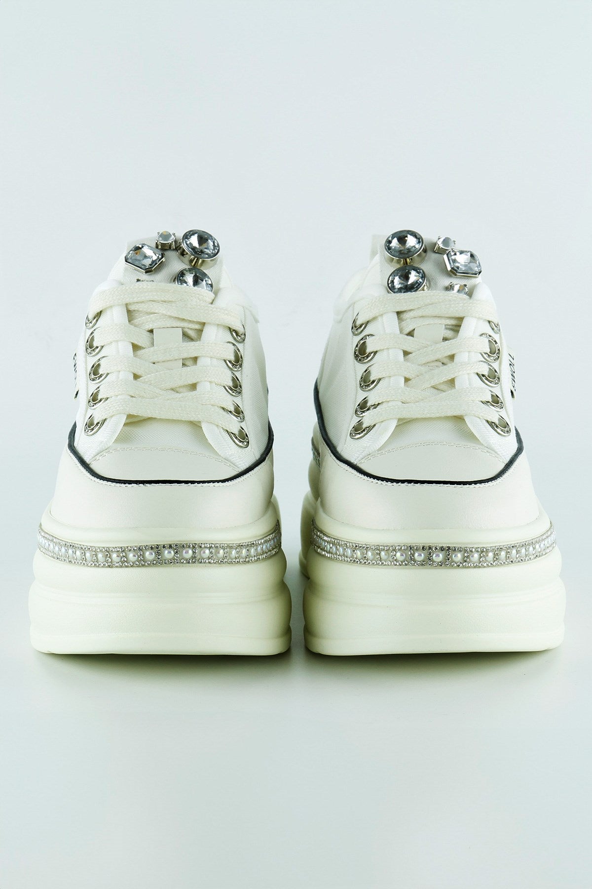 [5030] Beyaz Yüksek Taban Kristal Taşlı İnci Detaylı Bağcıklı Gelin Platform Sneaker