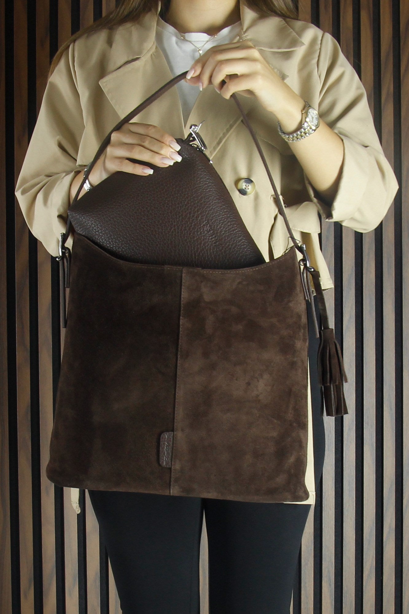 (VSN5016OC) Kahve Hakiki Dana Süet Püsküllü Manyetik Kapaklı Büyük Boy Günlük Omuz Çantası ve El Çantası