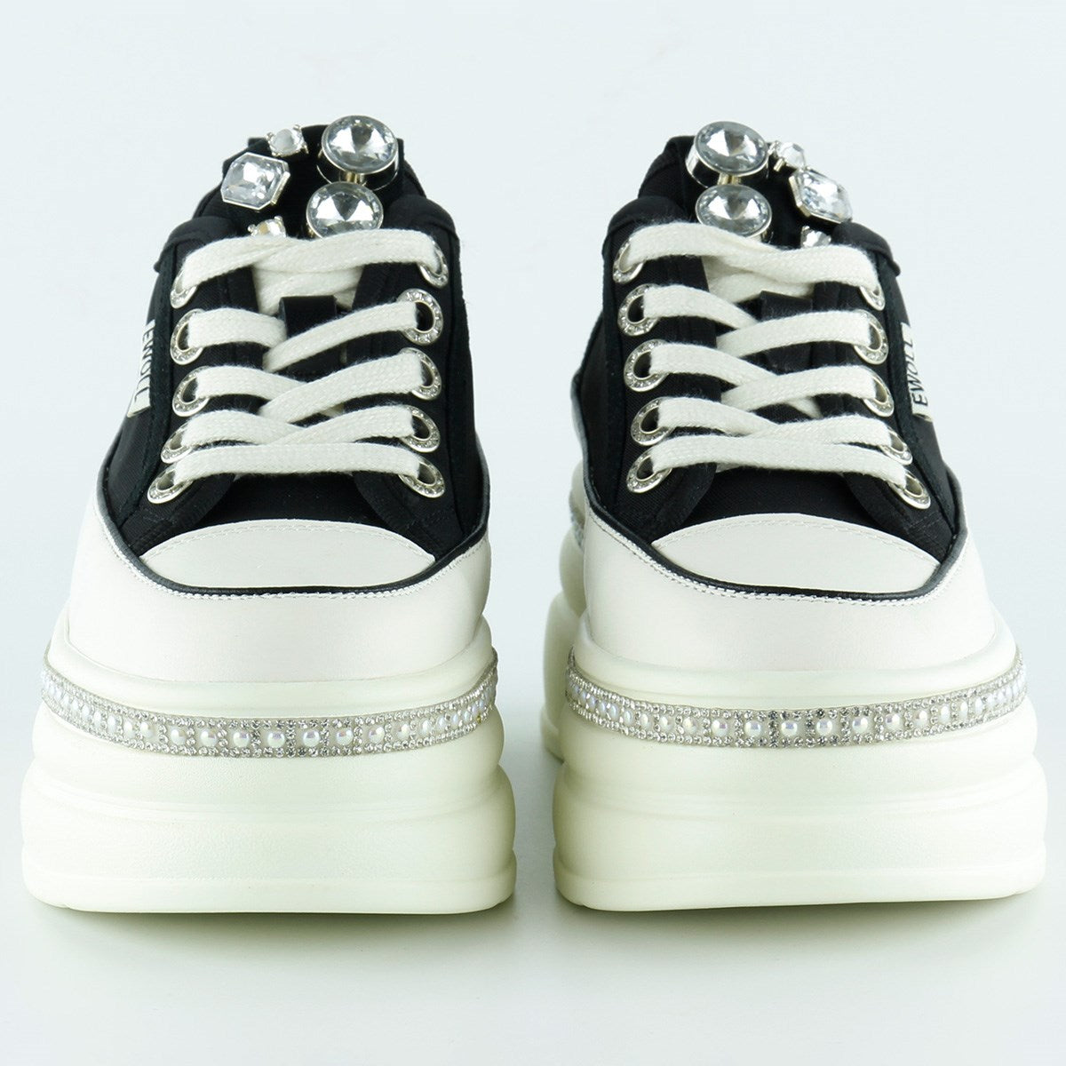 [5030] Siyah Beyaz Yüksek Taban Spor Kristal Taşlı İnci Detaylı Bağcıklı Platform Sneaker