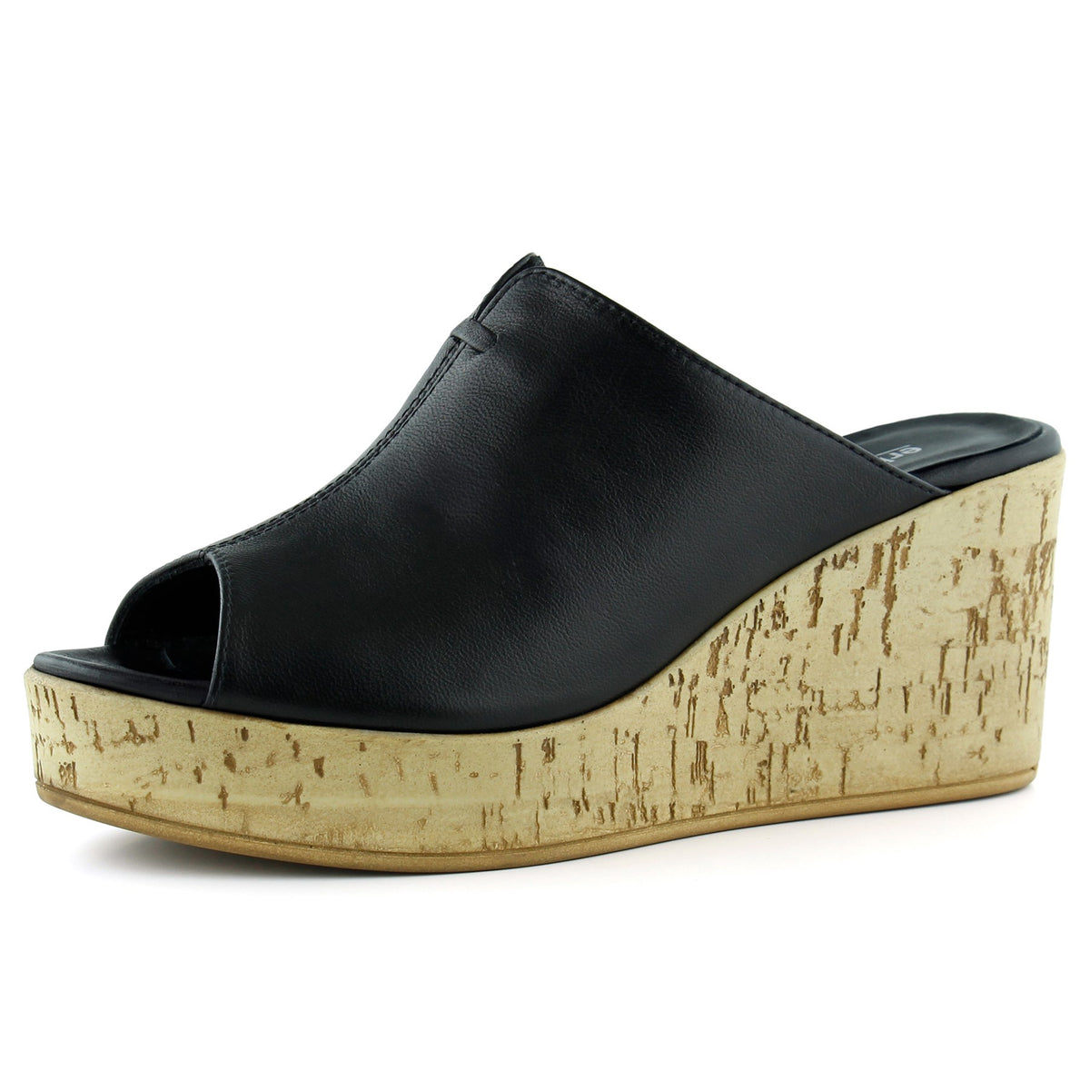 Mallery Siyah Hakiki Dana Derisi Önü Açık Mantar Taban Görünümlü Dolgu Topuklu Terlik