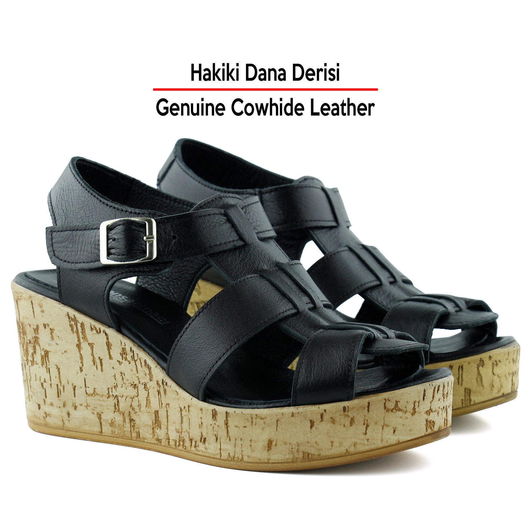 Xena Siyah Hakiki Dana Derisi Mantar Taban Görünümlü Dolgu Topuklu Gladyatör Sandalet