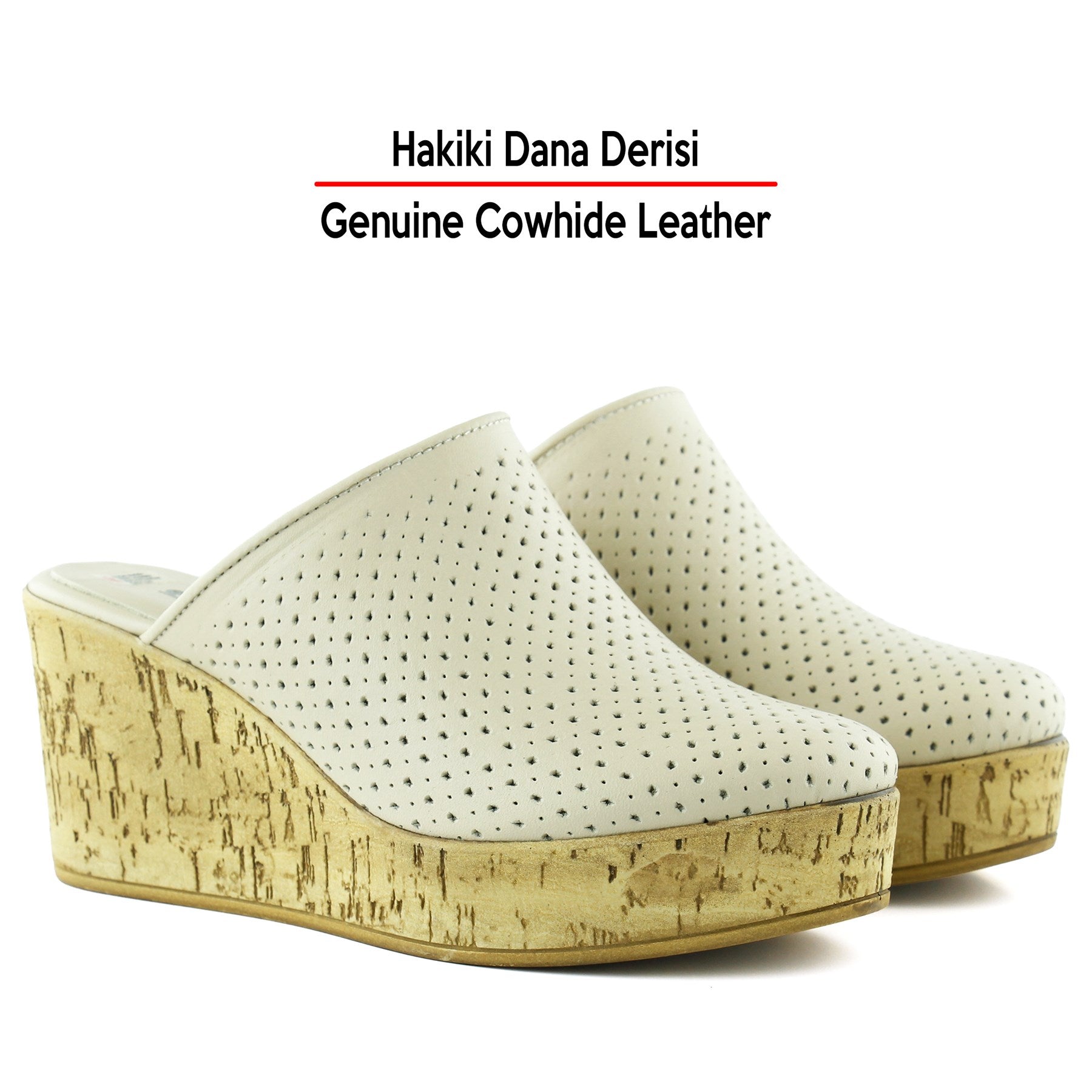 Aria Bej Hakiki Dana Derisi Önü Kapalı Mantar Taban Görünümlü Dolgu Topuklu Terlik