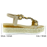 [7022] Bej Kristal Taşlı Elastik Bantlı Zikzak Örgü Jüt Platform Topuklu Sandalet