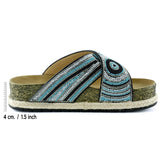 [7037] Siyah Turkuaz Boncuklu Çapraz Bantlı Kristal Taşlı Hasır Detaylı Mantar Taban Görünümlü Terli