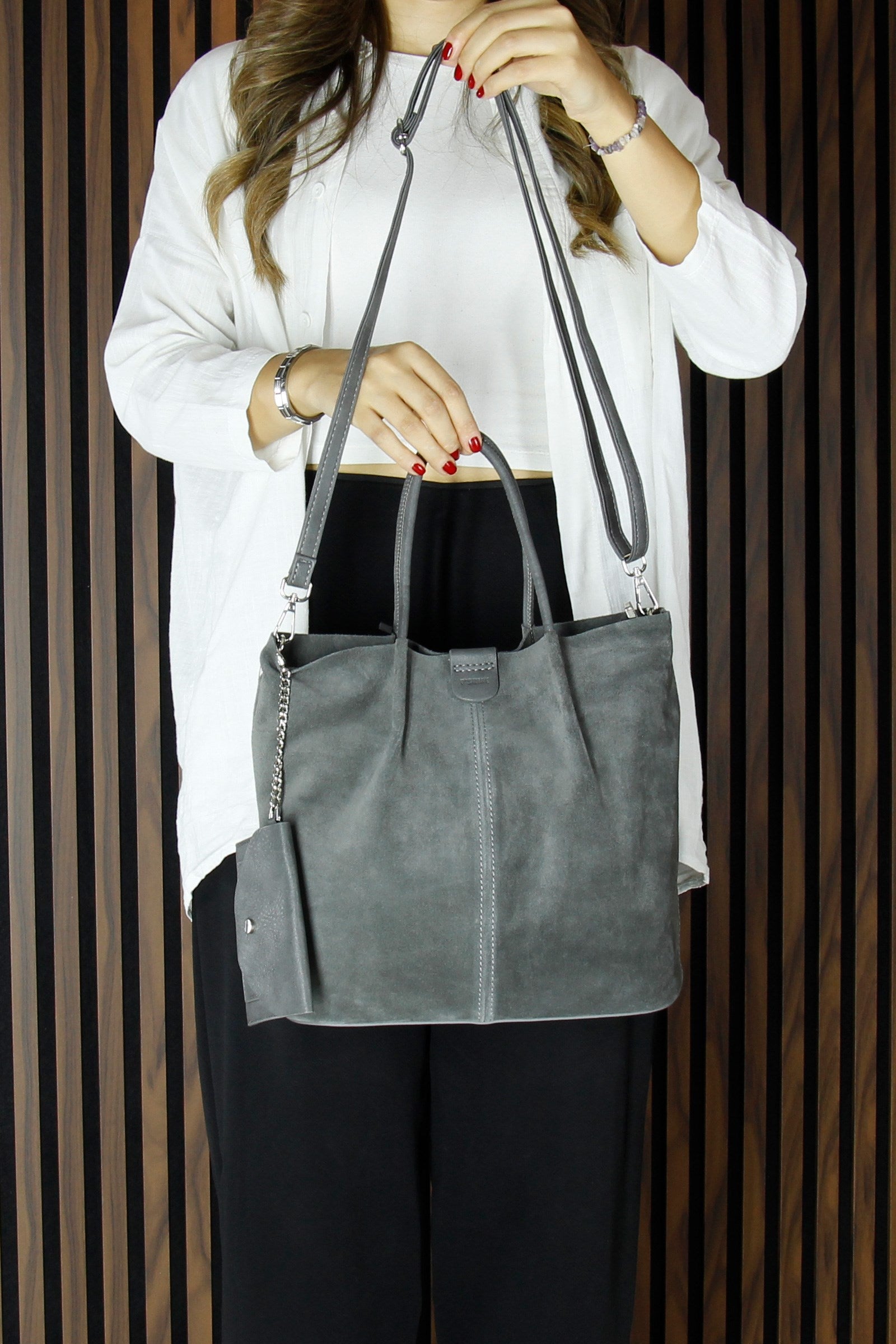 (VSN5010OC) Gri Hakiki Dana Süet Manyetik Kapaklı İç Cepli Askılı Günlük Büyük Boy Omuz Çantası ve Cüzdanı