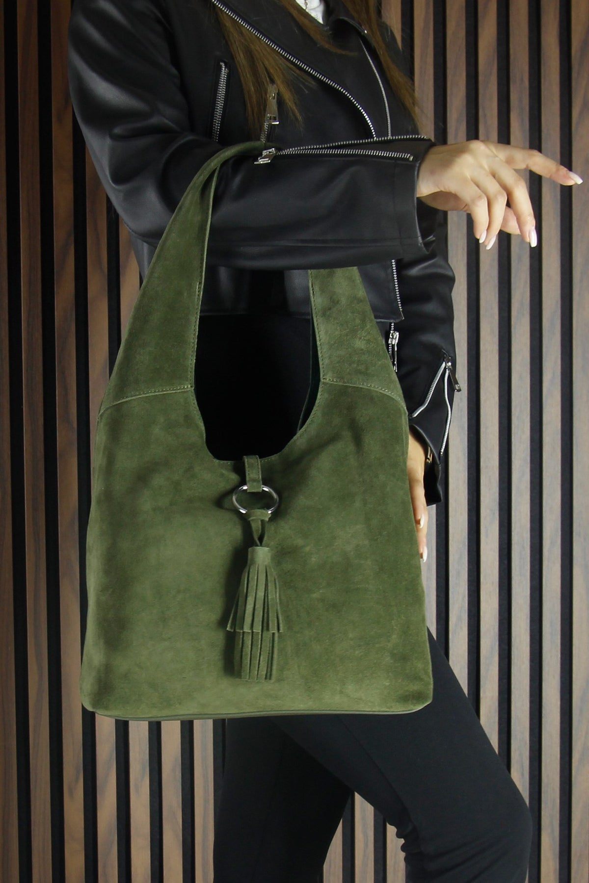 (VSN5015OC) Haki Hakiki Dana Süet Püsküllü Manyetik Kapaklı Orta Boy Günlük Omuz Çantası