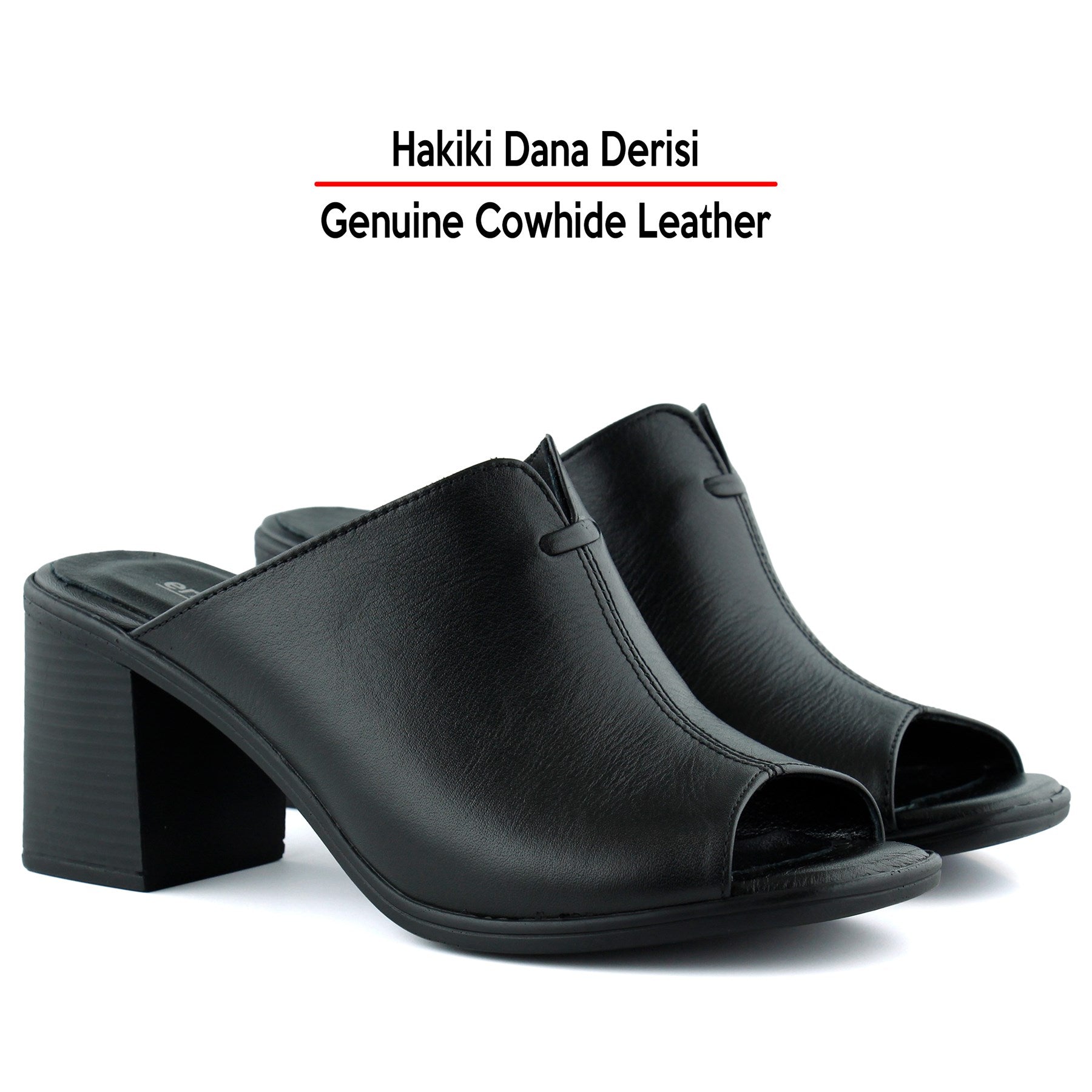 Valery Siyah Hakiki Dana Derisi Önü Açık Kalın Topuklu Terlik