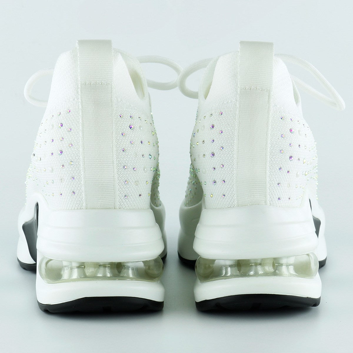 [5035] Beyaz Örgü Dokuma Kristal Taşlı Bağcıklı Hava Yastıklı Taban Gizli Dolgu Slip-on Sneaker