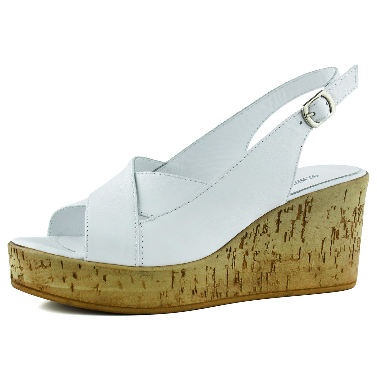 Luna Beyaz Hakiki Dana Derisi Çapraz Bantlı Mantar Taban Görünümlü Dolgu Topuklu Sandalet