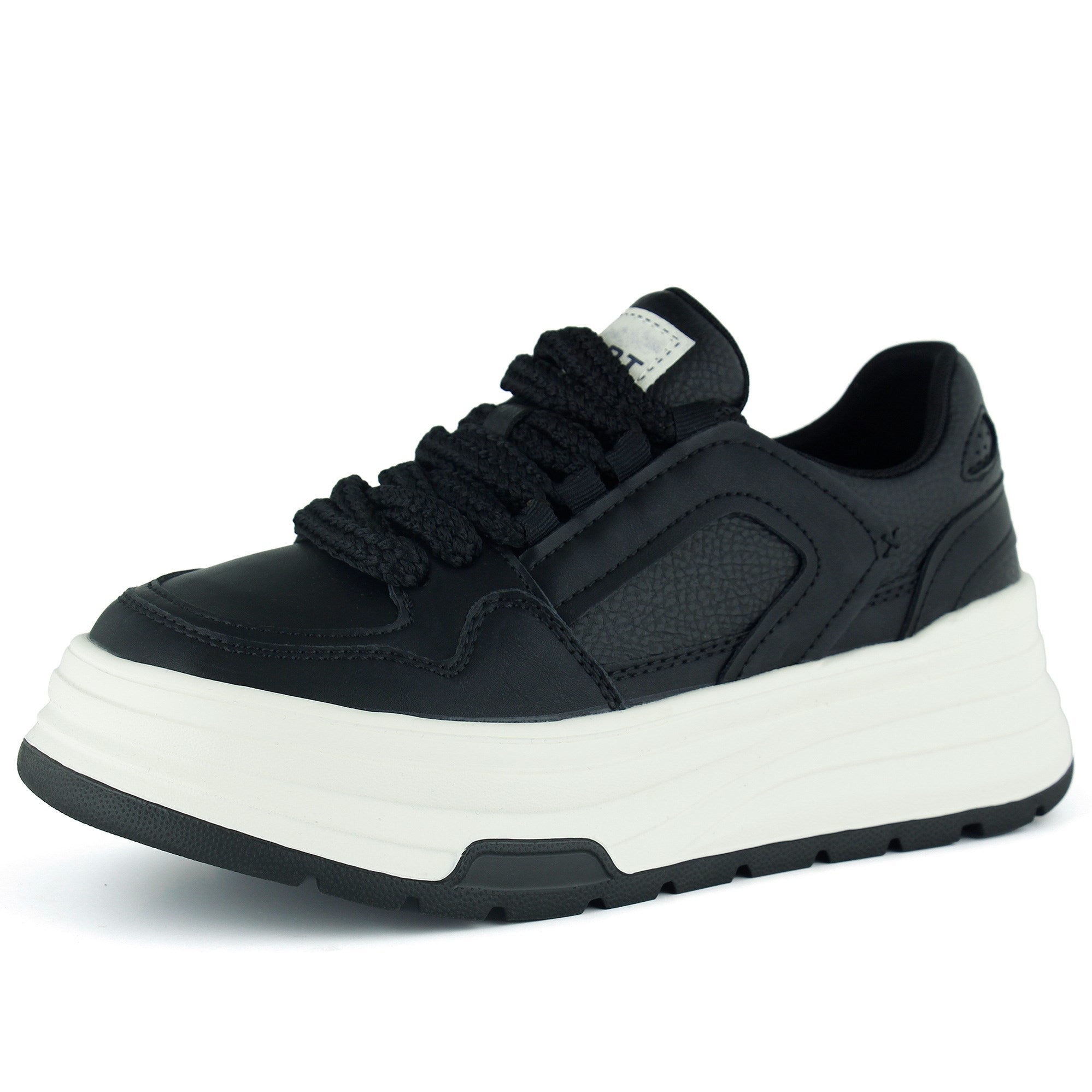 [261-BDL20005] Siyah Beyaz Vegan Bağcıklı Yuvarlak Burun Flatform Taban Günlük Sneaker Spor Ayakkabı