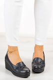 Shay Lacivert Hakiki Deri Çapraz Bant Detaylı Dolgu Topuklu Günlük Ayakkabı