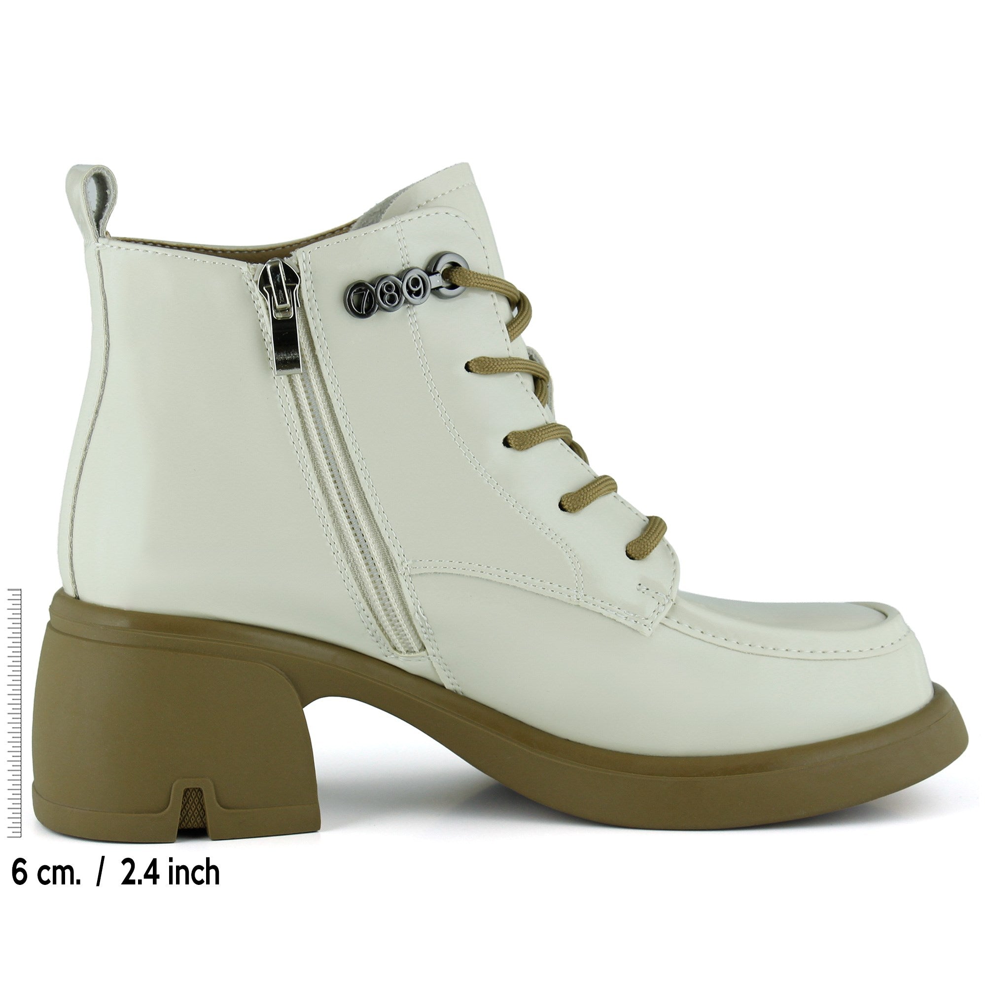 [8079] Bej Rugan Bağcıklı Fermuarlı Kürk Astarlı Yuvarlak Burun Kalın Topuklu Günlük Bot