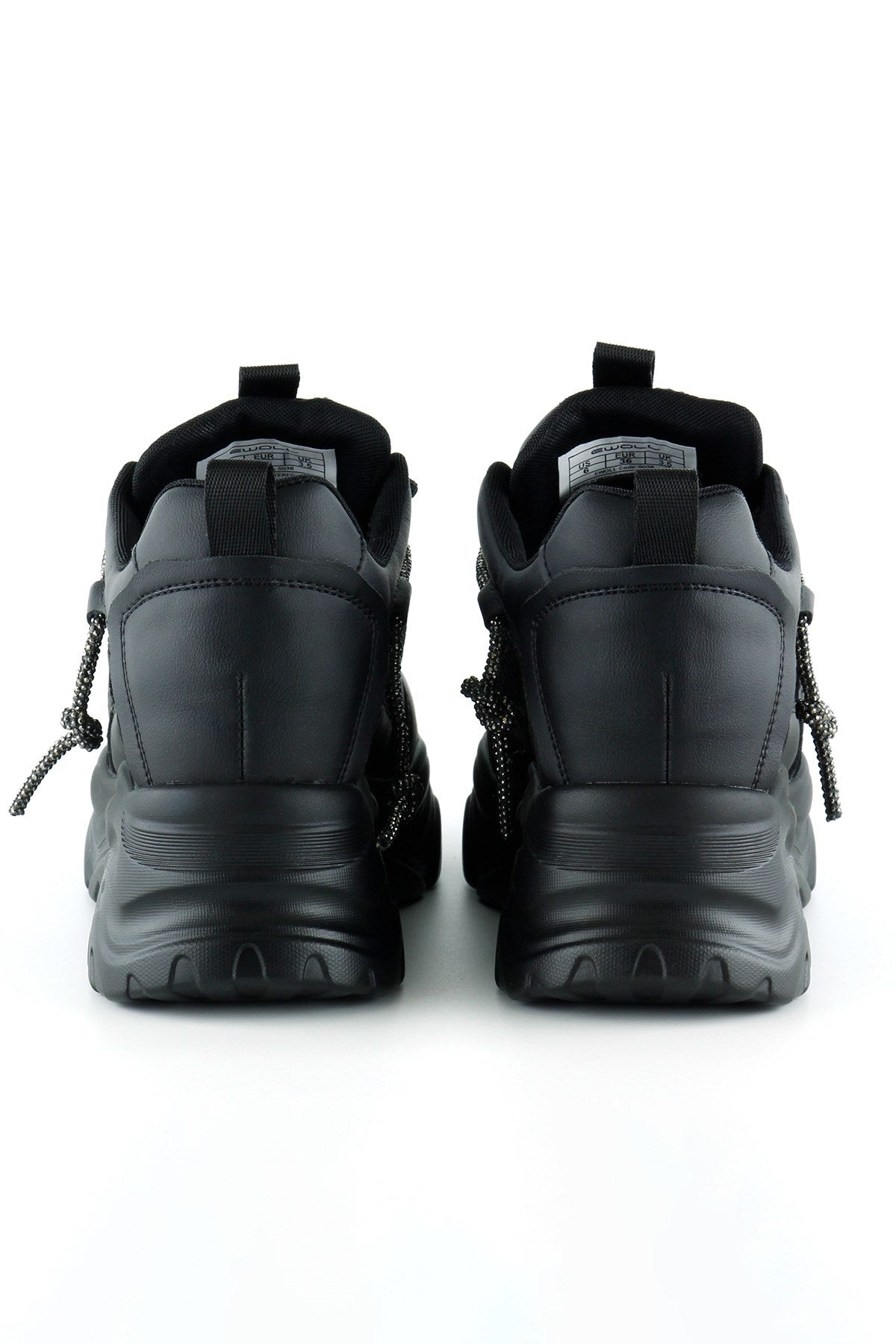 [5038] Siyah Yüksek Taban Spor Fileli Taşlı Bağcıklı Platform Sneaker