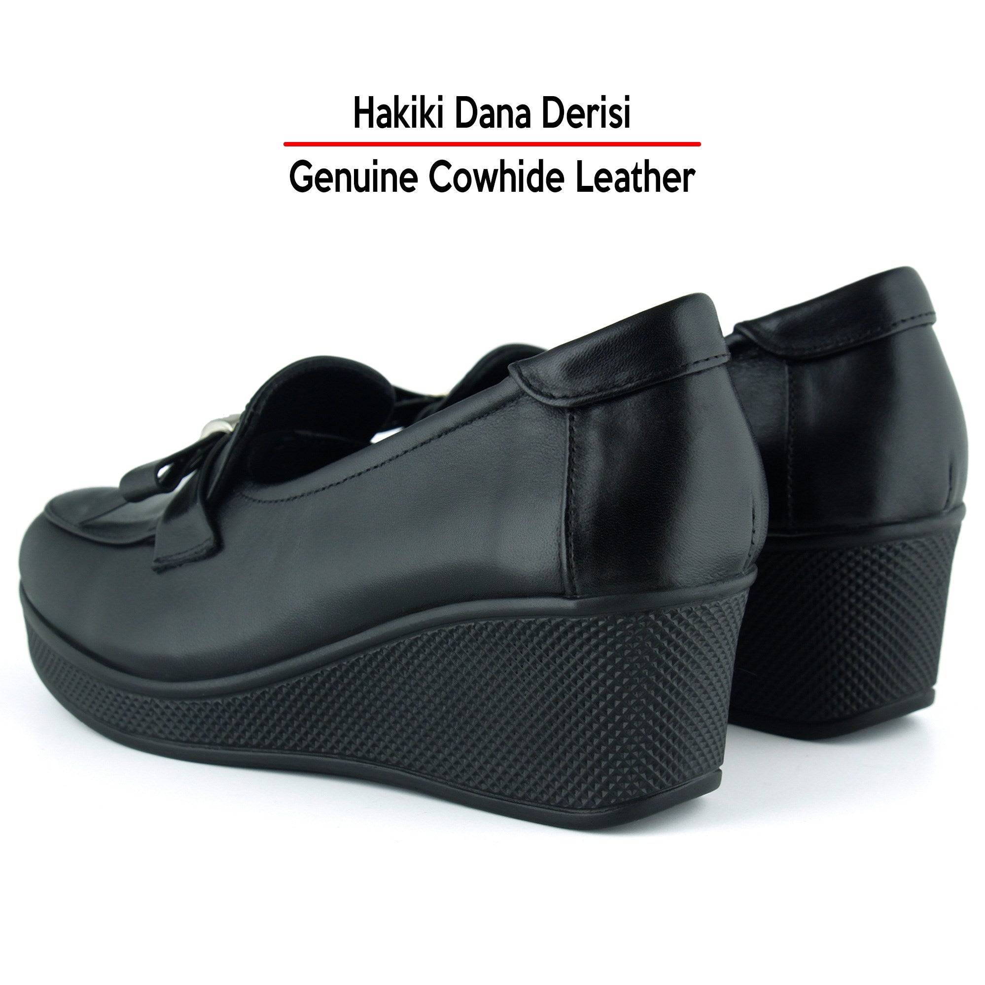 Emma Siyah Hakiki Dana Derisi Fiyonklu Yuvarlak Burun Dolgu Topuklu Günlük Ayakkabı