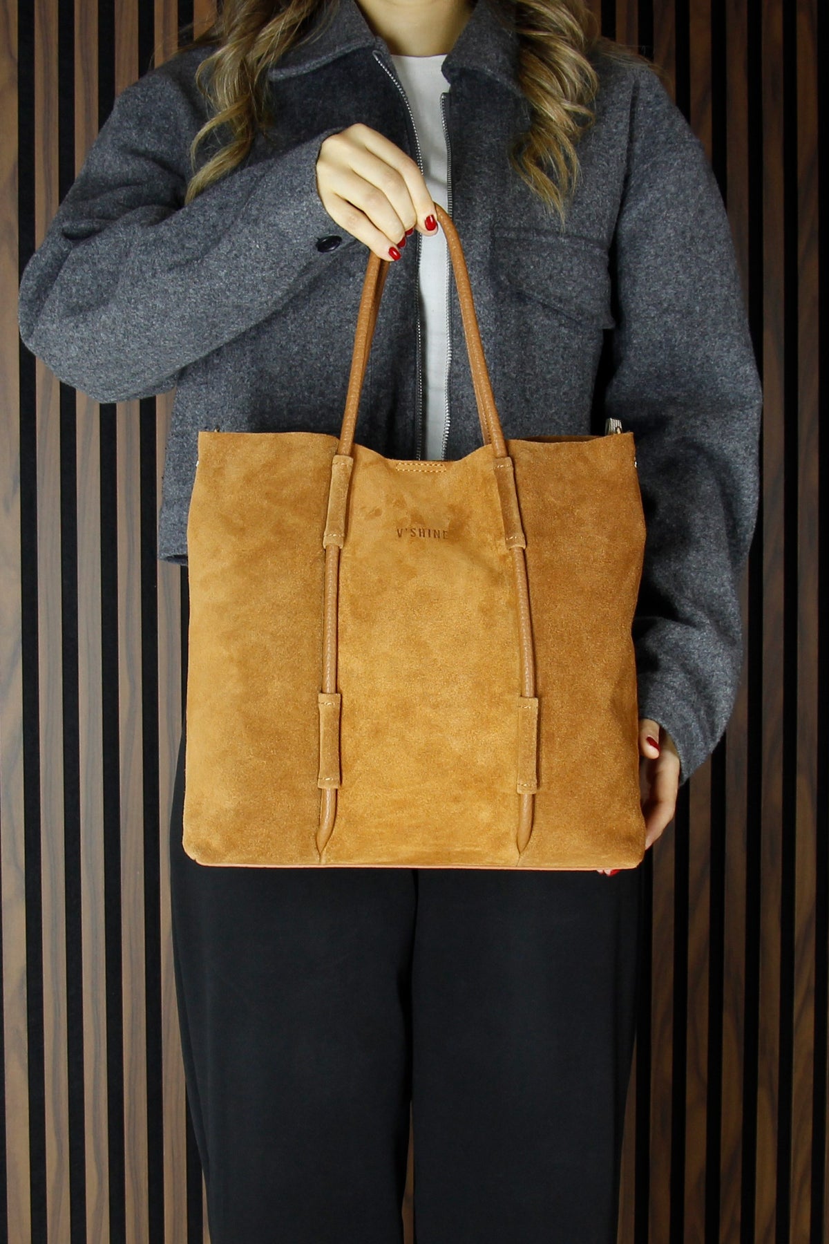 (VSN5013OC) Taba Hakiki Dana Süet Manyetik Kapaklı Fermuarlı İç Cepli Askılı Büyük Boy Günlük Omuz Çantası