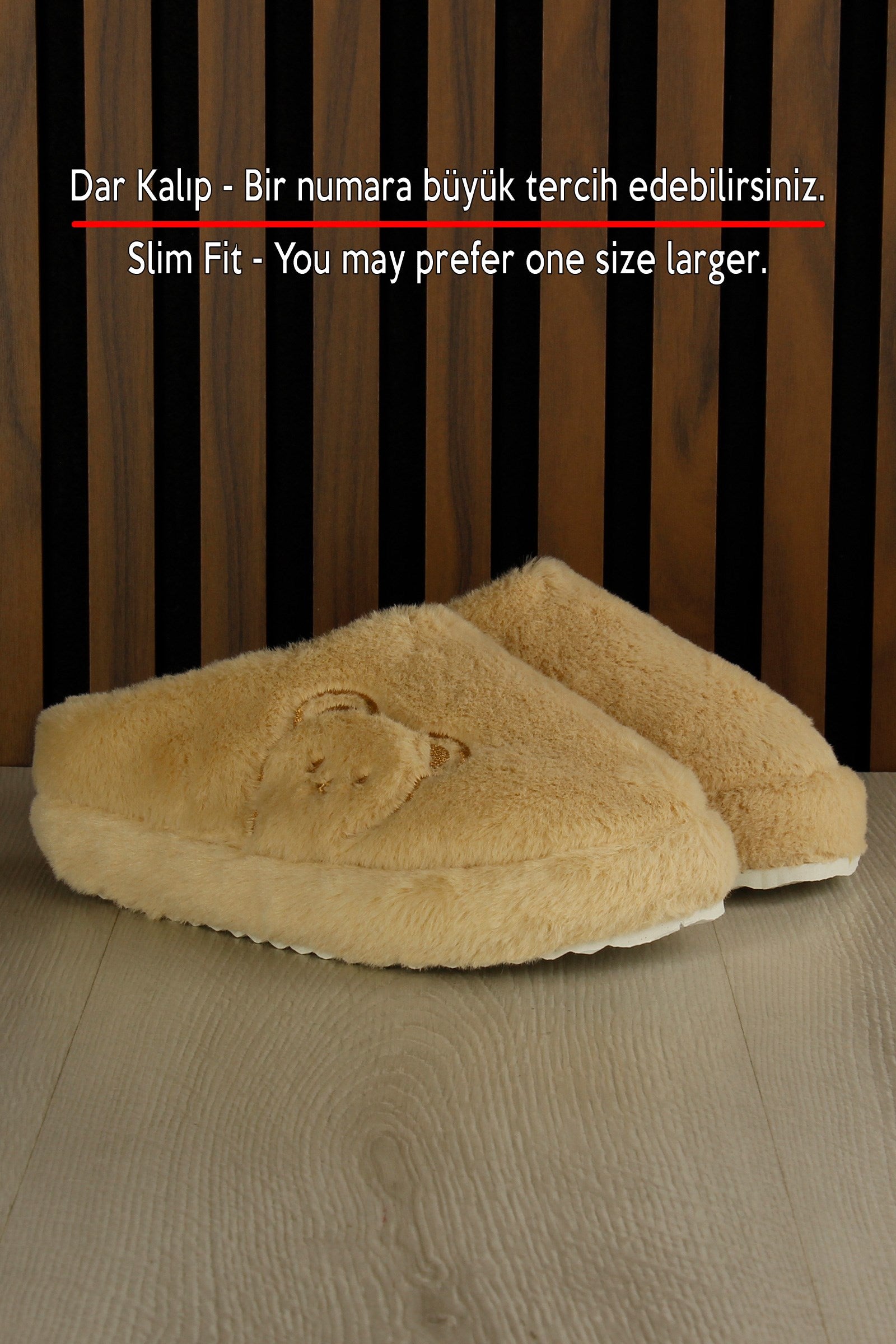 Clara Cappuccino Pelüş - DAR KALIP - Ayıcık Desenli Kalın Düz Tabanlı Sessiz Kadın Ev Terliği