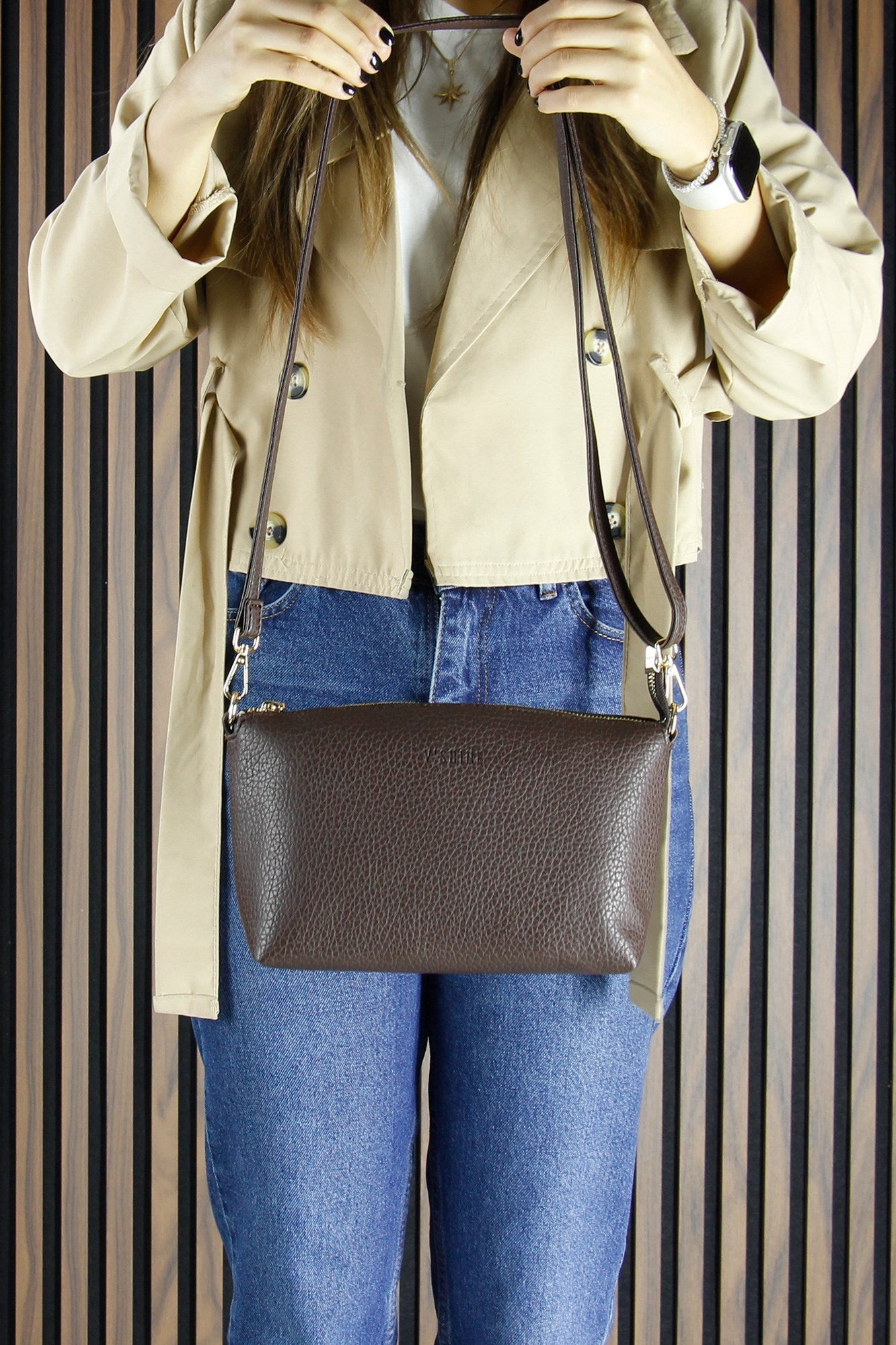 (VSN3094OC) Kahve Hakiki Dana Süet Manyetik Kapaklı Büyük Boy Günlük Omuz Çantası ve Askılı El Çantası