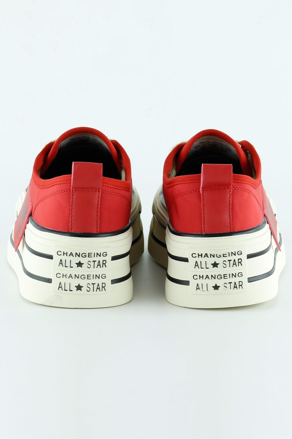 [5016] Kırmızı Saten Yüksek Taban Spor Taşlı Bağcıklı Platform Sneaker