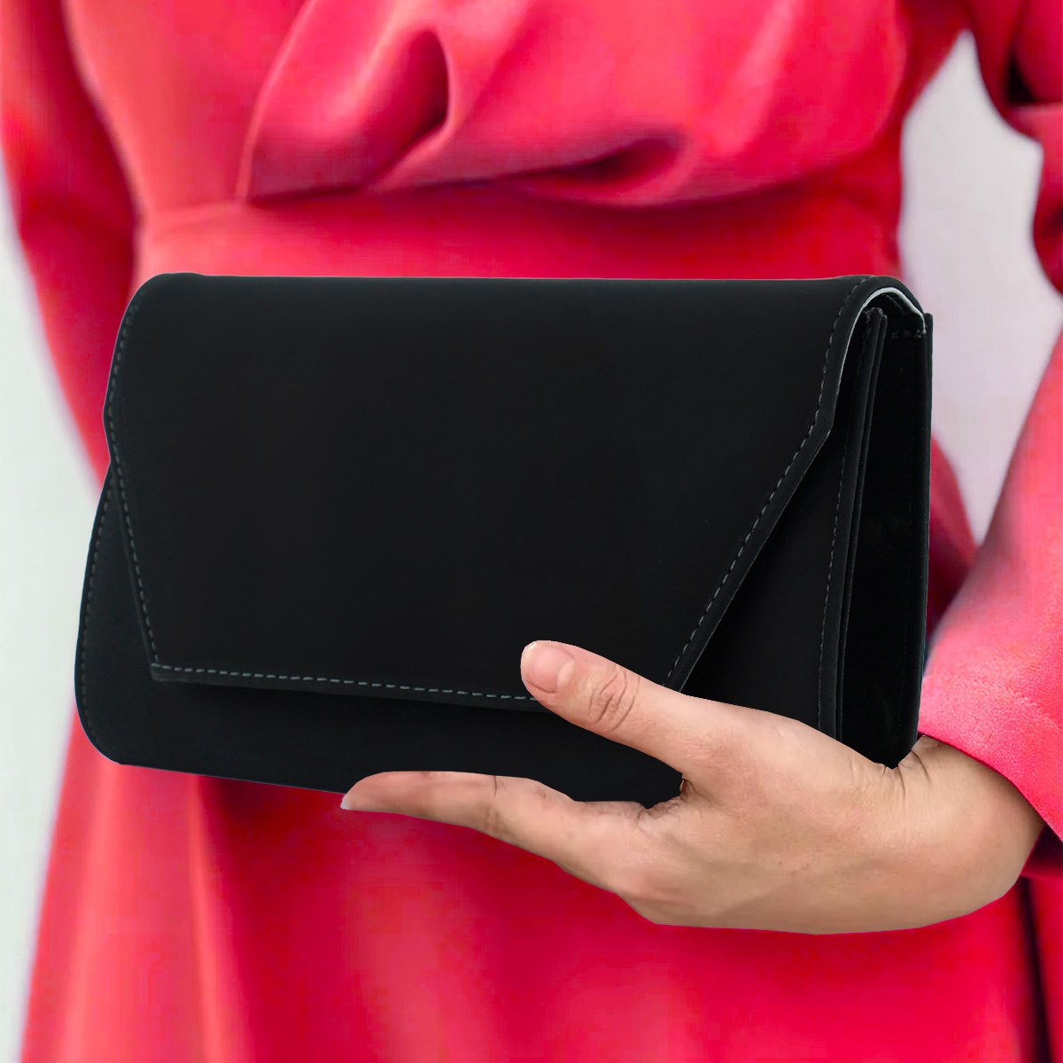 (ES0018AC) Siyah Süet Zincir Askılı Manyetik Kapaklı İç Cepli Zarif Abiye El Çantası