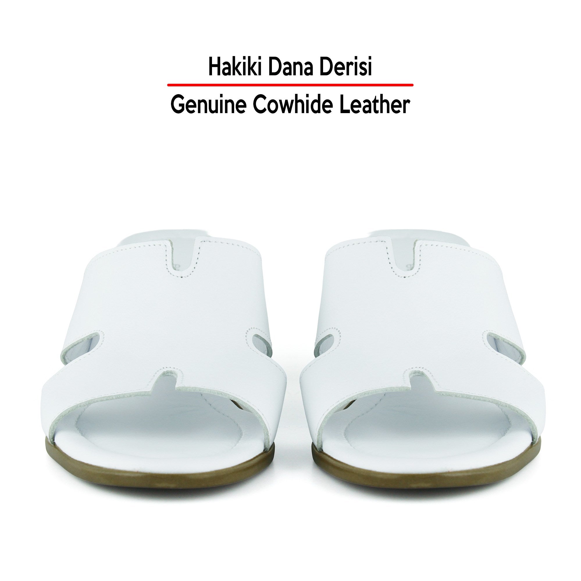 Hermine Beyaz Hakiki Dana Derisi Özel Kesim Kalın Topuklu Terlik