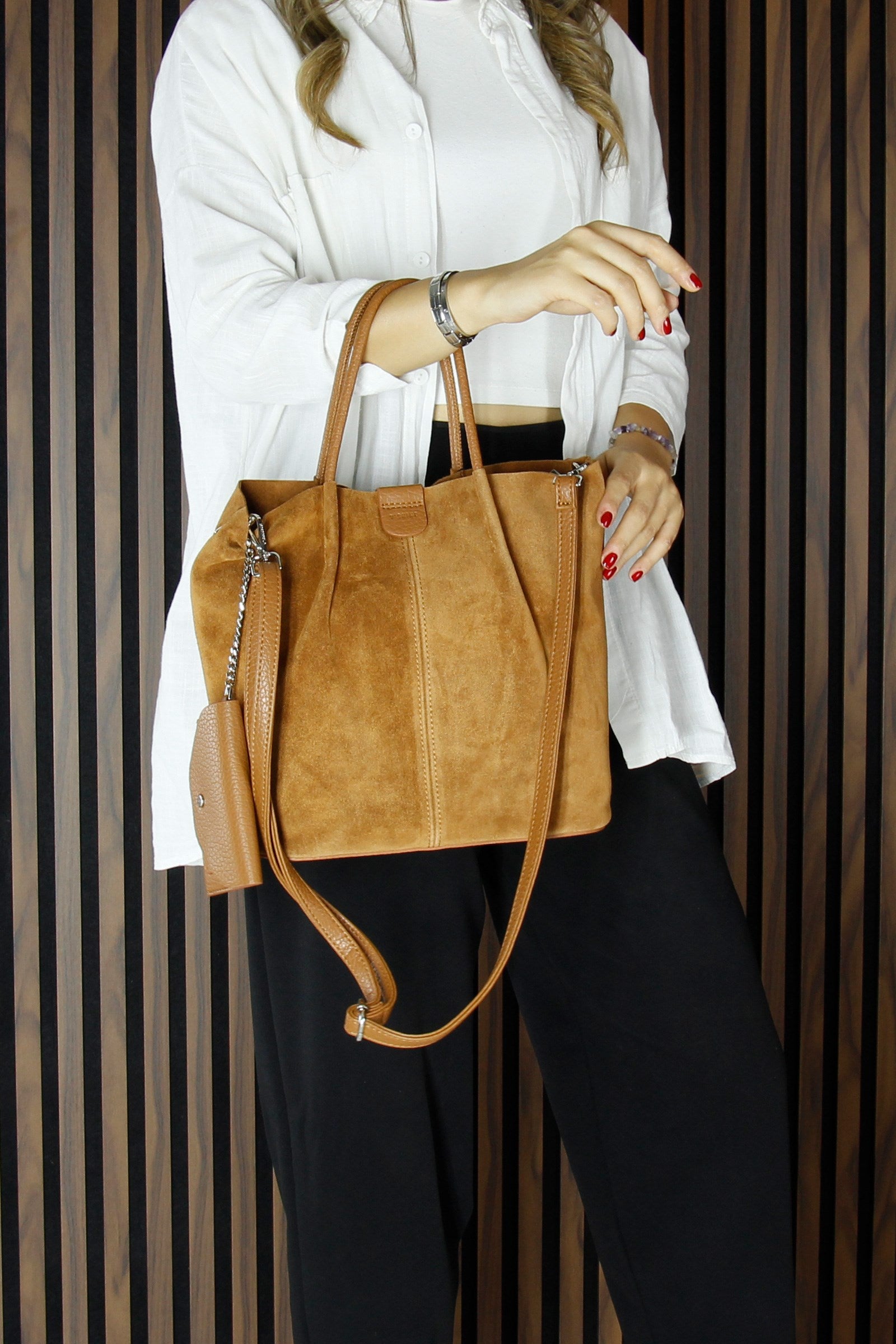 (VSN5010OC) Taba Hakiki Dana Süet Manyetik Kapaklı İç Cepli Askılı Günlük Büyük Boy Omuz Çantası ve Cüzdanı