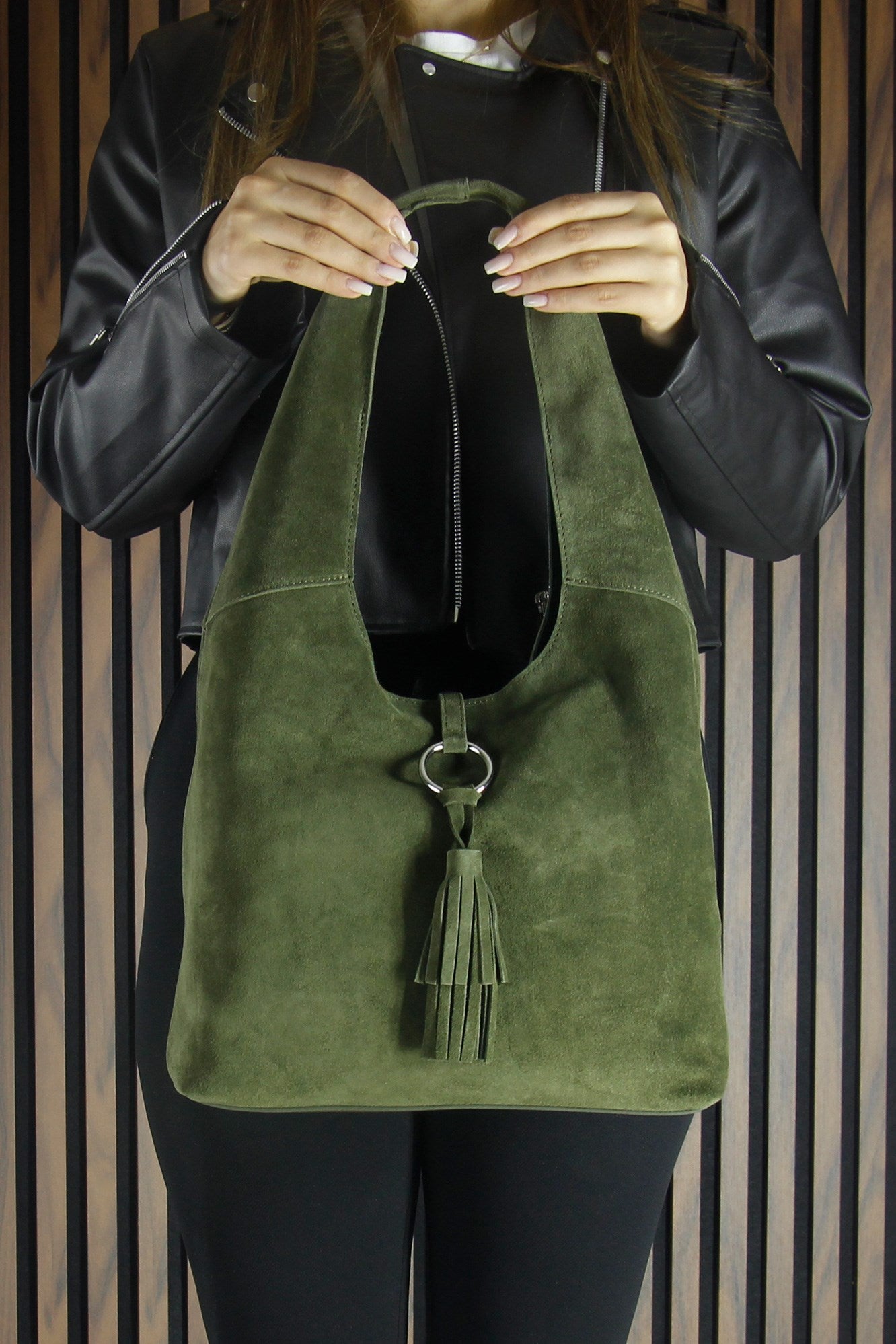 (VSN5015OC) Haki Hakiki Dana Süet Püsküllü Manyetik Kapaklı Orta Boy Günlük Omuz Çantası