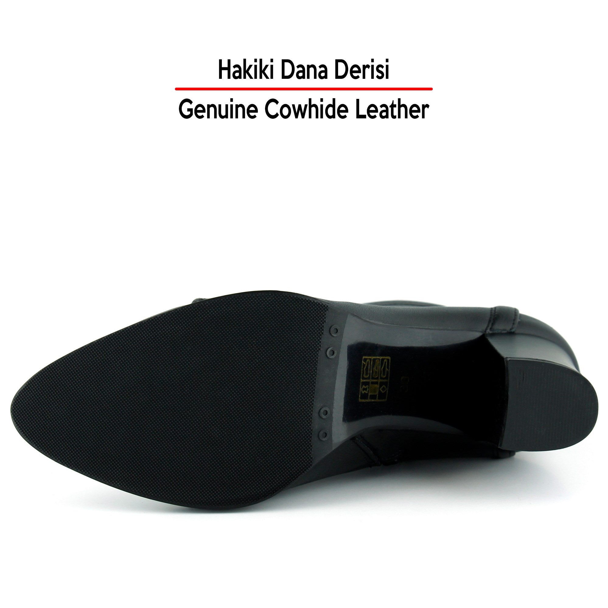 [MAX 234] Siyah Hakiki Dana Derisi Bağcıklı Fermuarlı Sivri Burun Kalın Topuklu Günlük Bot