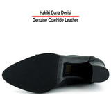 [MAX 234] Siyah Hakiki Dana Derisi Bağcıklı Fermuarlı Sivri Burun Kalın Topuklu Günlük Bot