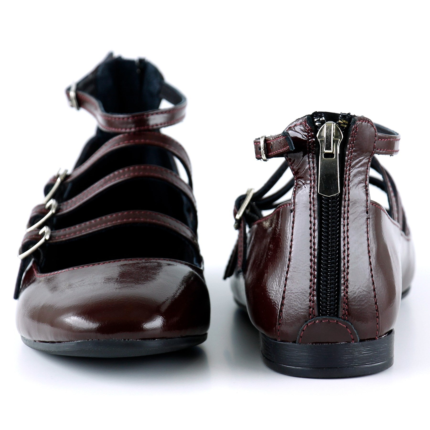 Elenuta Bordo Hakiki Deri Rugan Dört Bant Tokalı Fermuarlı Balerin Babet